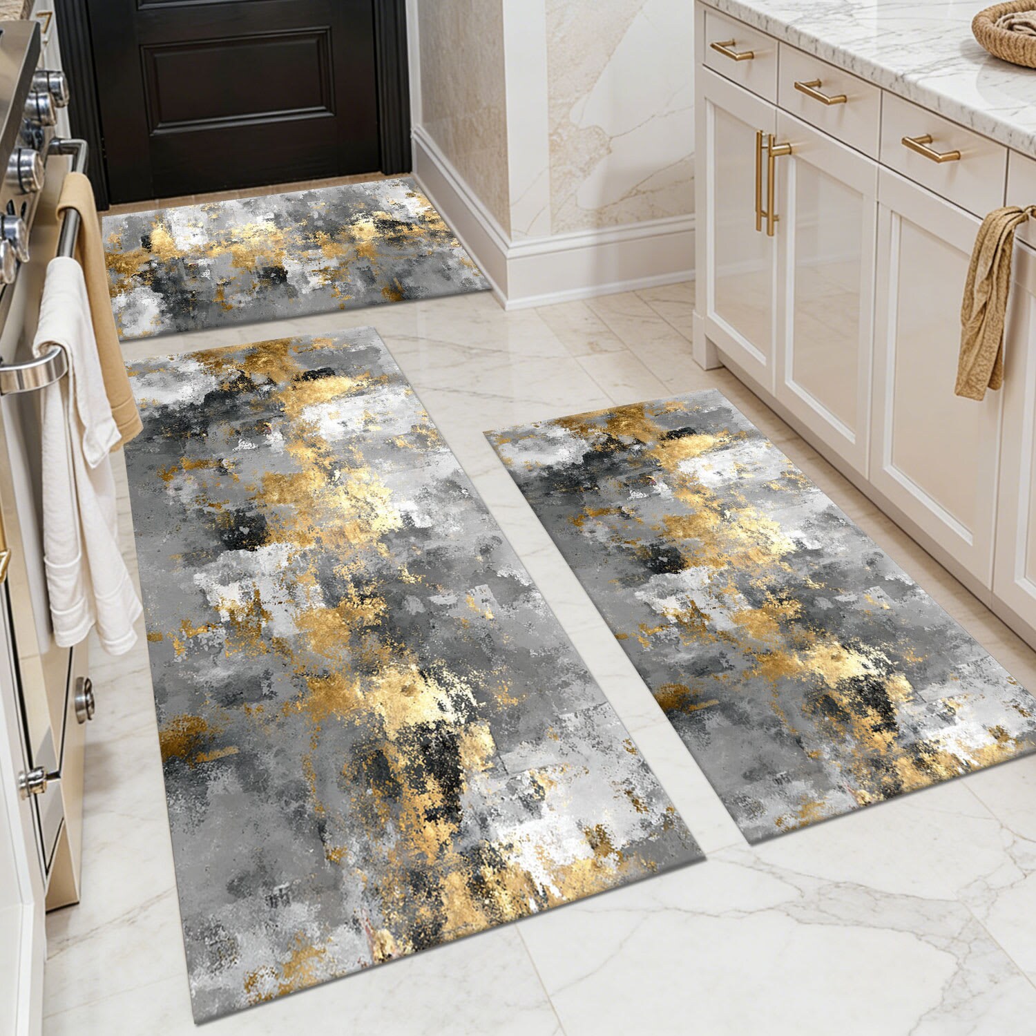 TOBILI  20 X 32in 20 X 47in 20 X 60in Faux Cashmere Gray Golden Rectangular Indoor Abstract Luxury Non Slip Washable Kitchen Rug Set 3 Piece