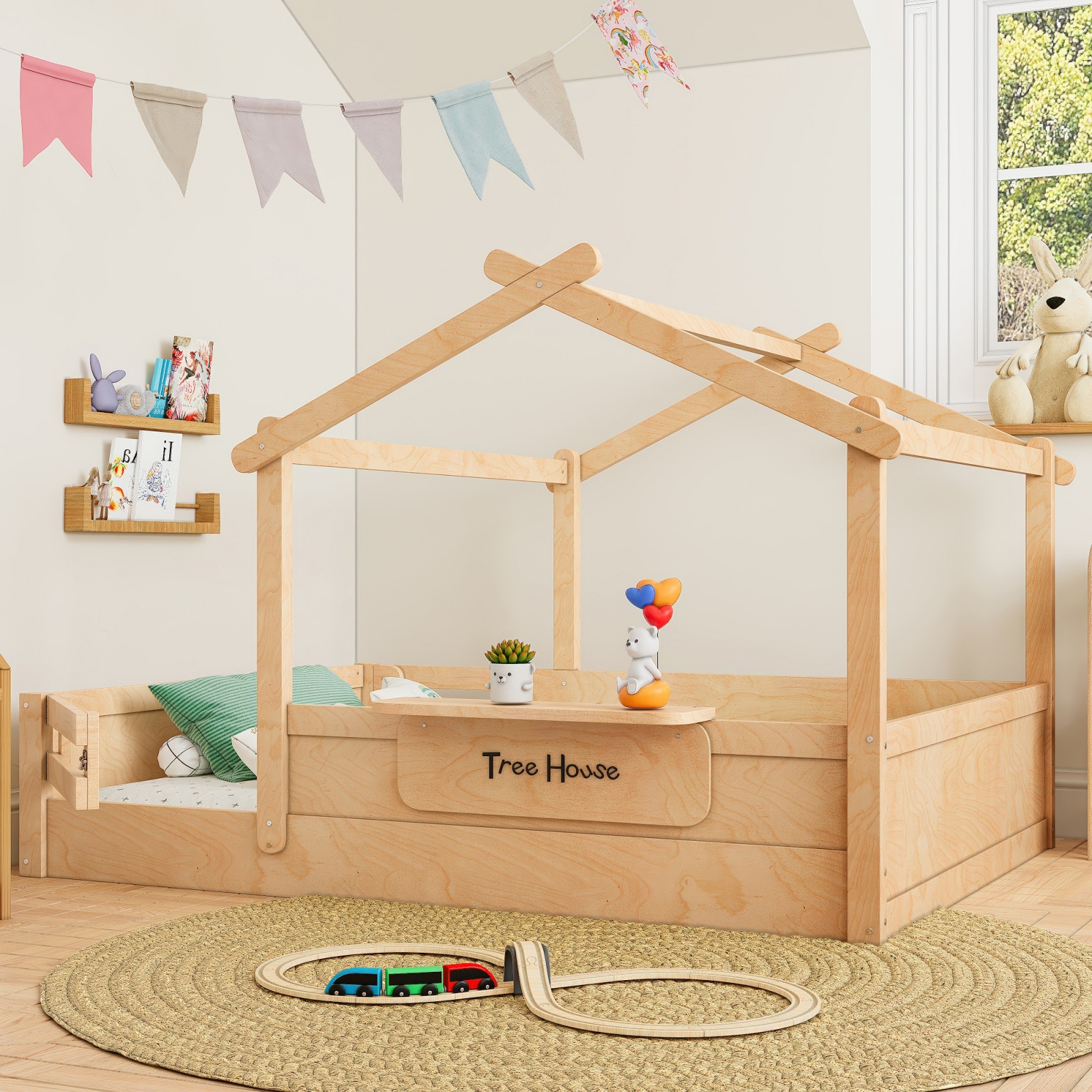 GlasFlength  Full Size Kids House Floor Bed with Guardrails and Roof Built in Small Tray and Free Installed Signboard Childlike Design Sturdy Bed Frame for Children Bedroom