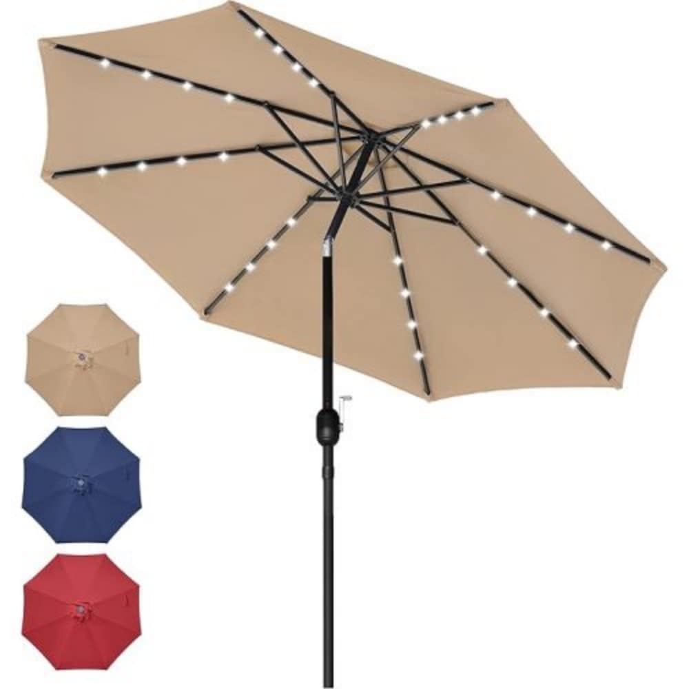 Siavonce - 9-ft Steel Tan Crank Market Patio Umbrella with Lights