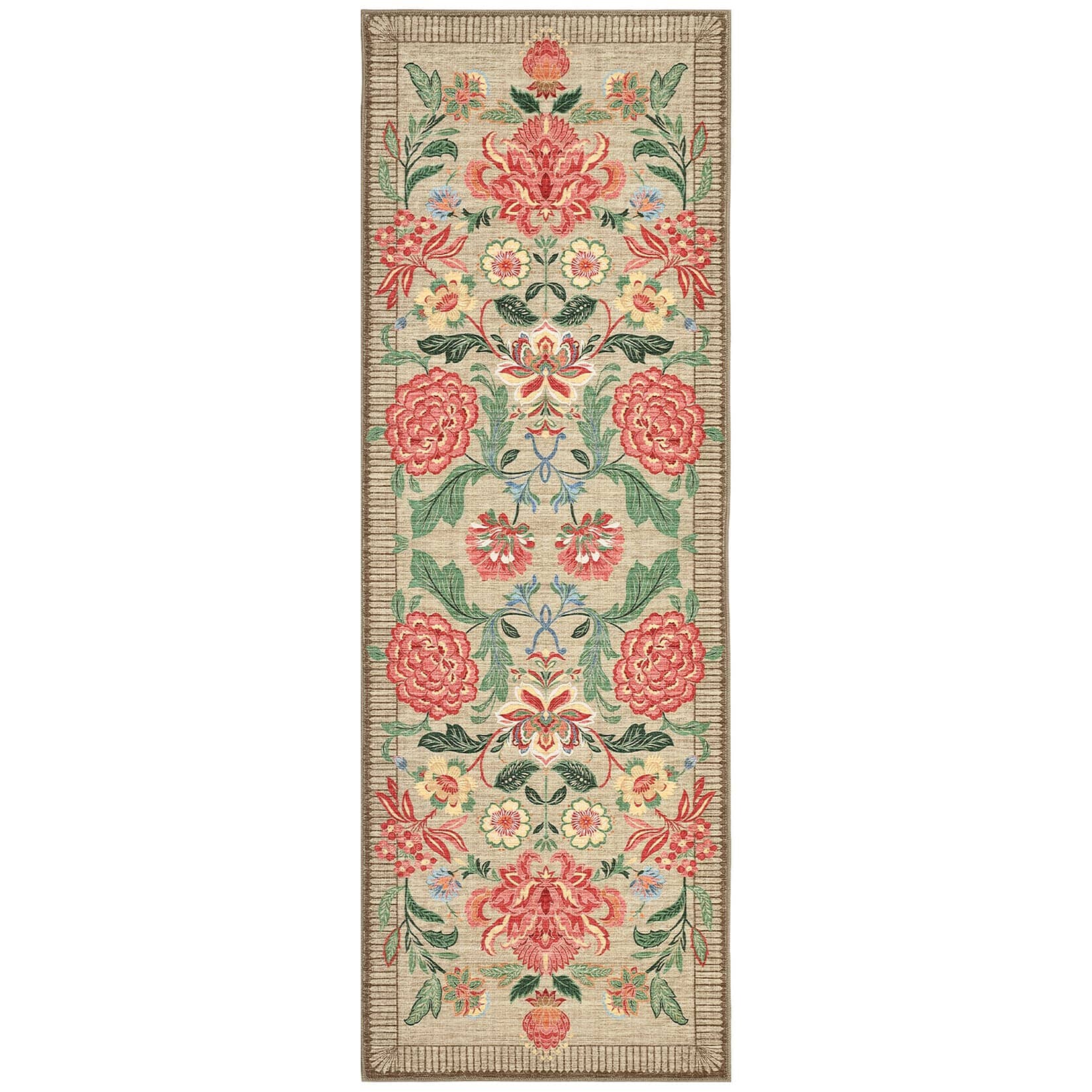 Qeetex FL-PHK-357KYABK 2 x 6 ft Polyester Cashmere Camel Rectangular Hallway Bathroom Entryway Kitchen Office Foldable Flower Printed Modern Washable Area