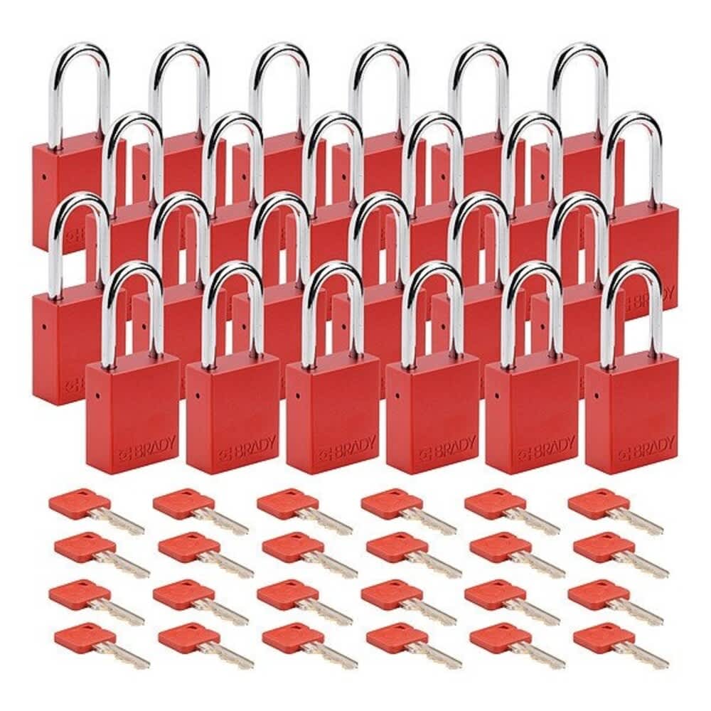 Brady  Padlock Keyed Different Aluminum Red 1 1/2 in Shackle Height 1 1/2 in Body Width 24 PK