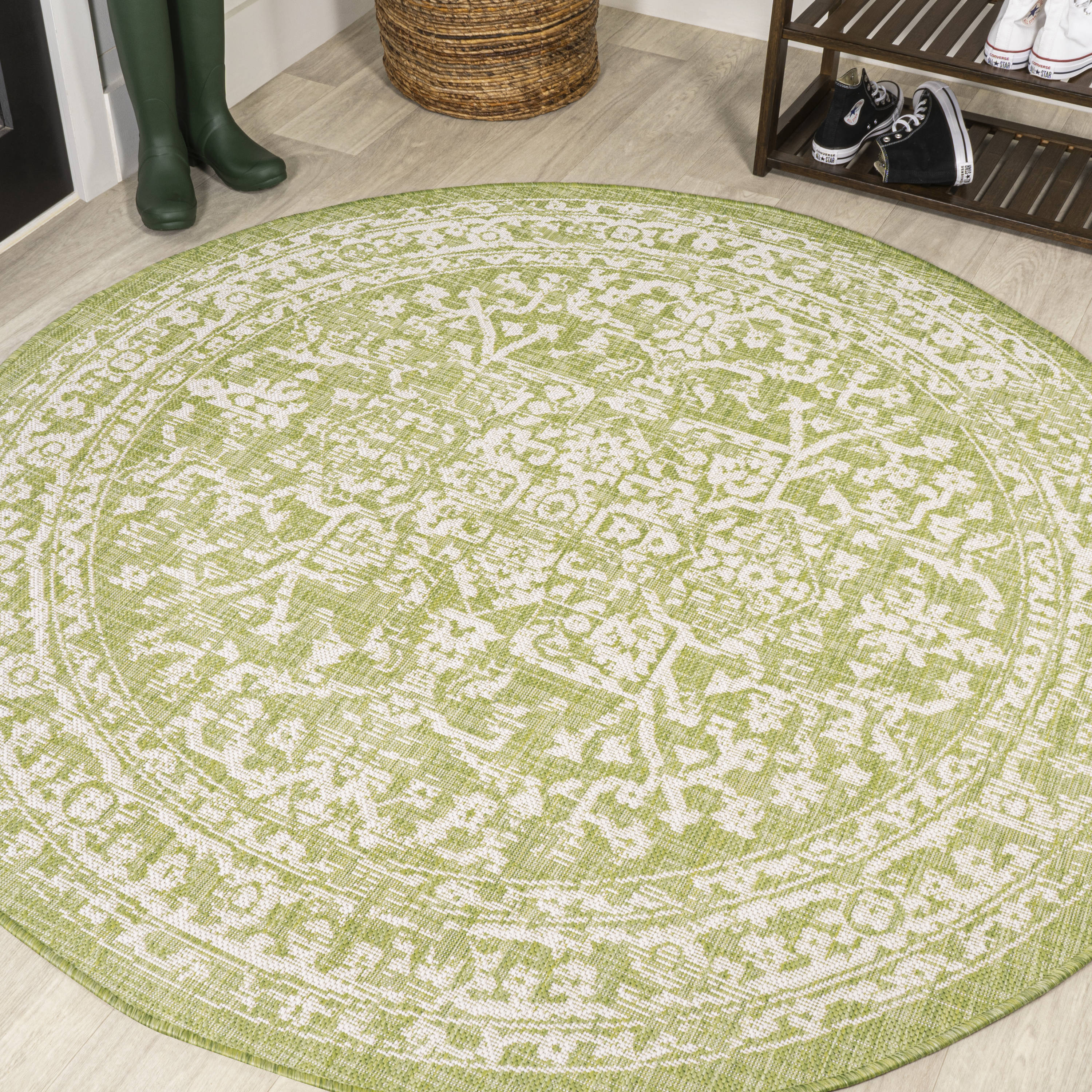 JONATHAN  Y SMB104D-5R Santa Monica Malta Textured Weave 5 x 5 (ft) Loomed Polypropylene Green/Cream Round Indoor/Outdoor Border Coastal Area rug