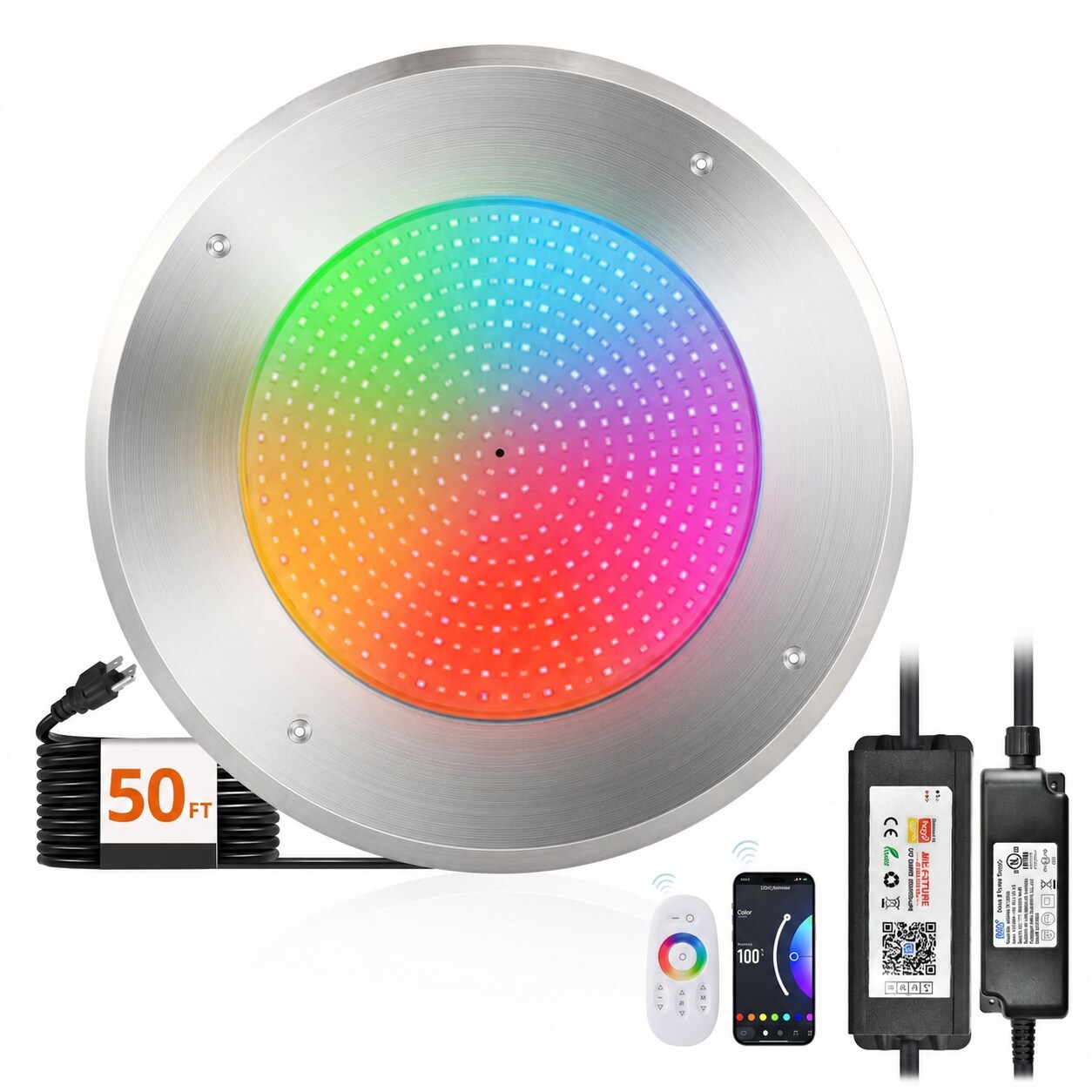 Adrinfly  Pool LED Light 120V 54W RGB Multicolor Underwater Light for Inground Swimming Pools with 50FT Cord IP68 Waterproof Transformer APP