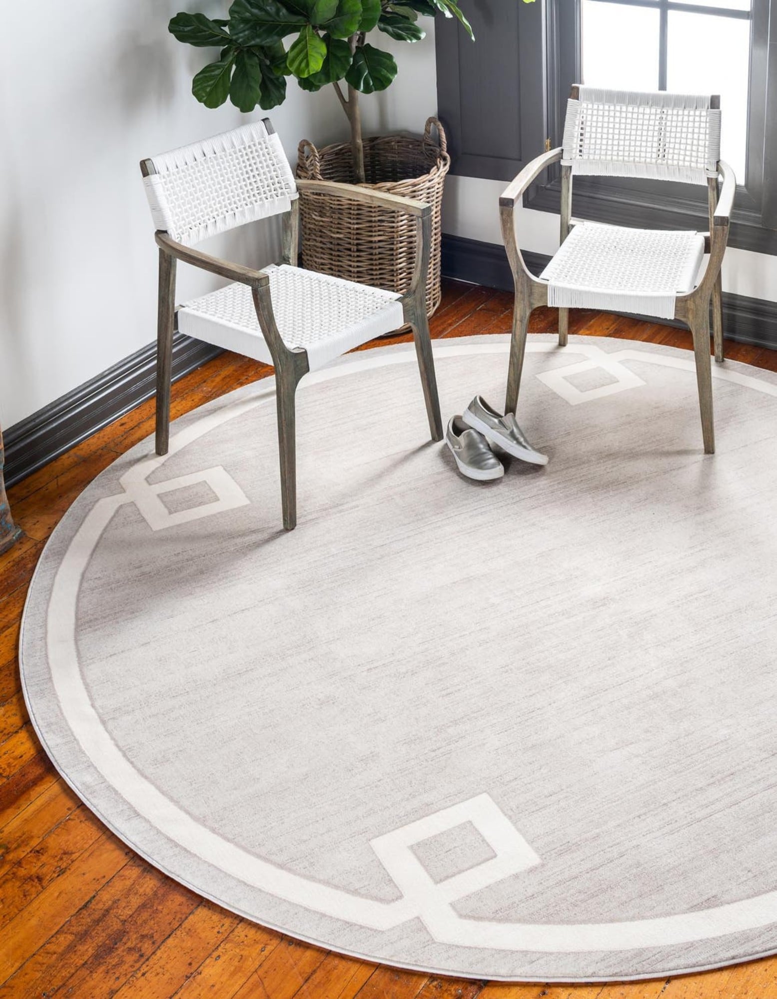 Ivory and Beige Round Geometric Synthetic Area Rug