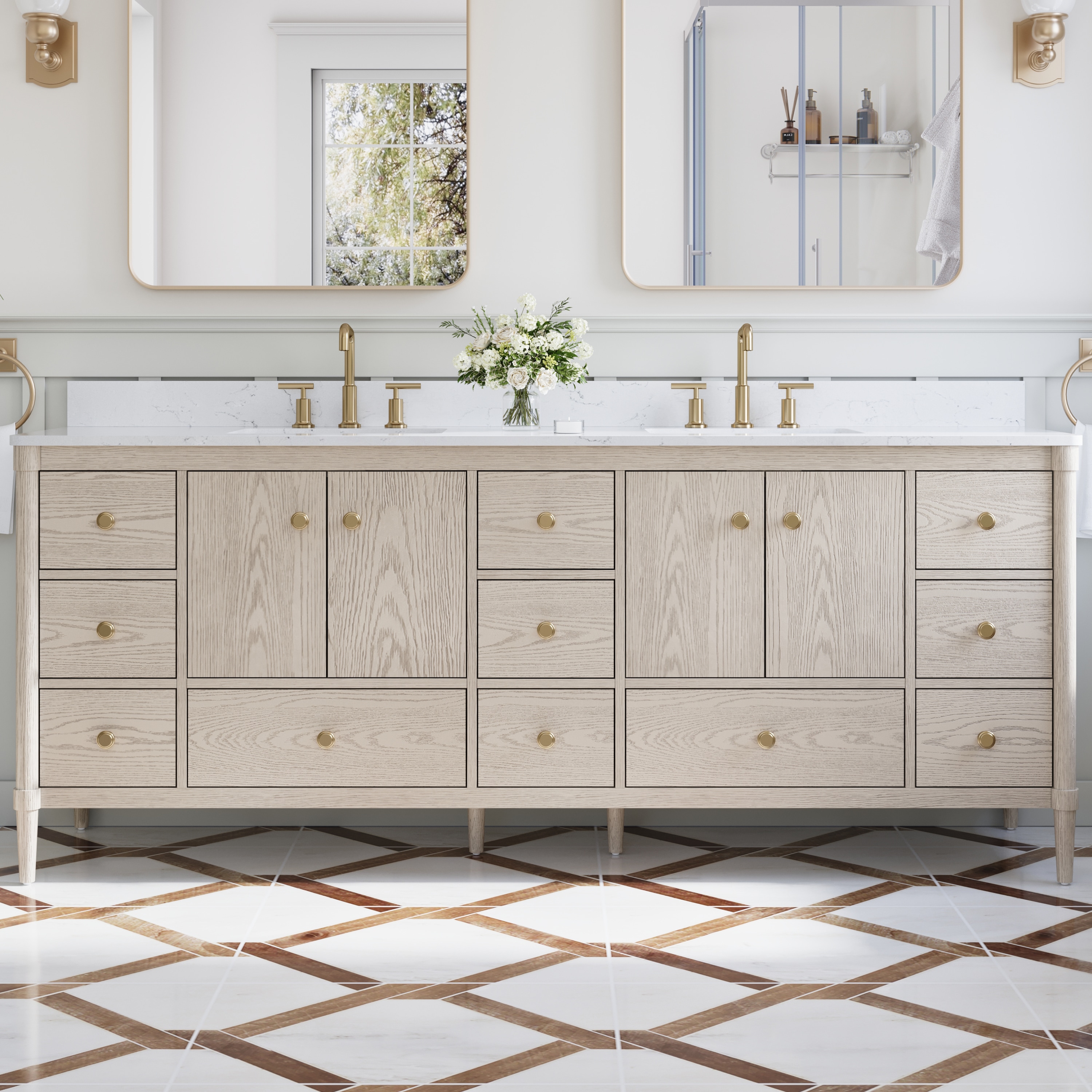 ANGELES HOME  84-in Freestanding Solid Wood OAK Bathroom Vanity Undermount Double Sinks with Carrara White Quartz Countertop(Fully Assembled)