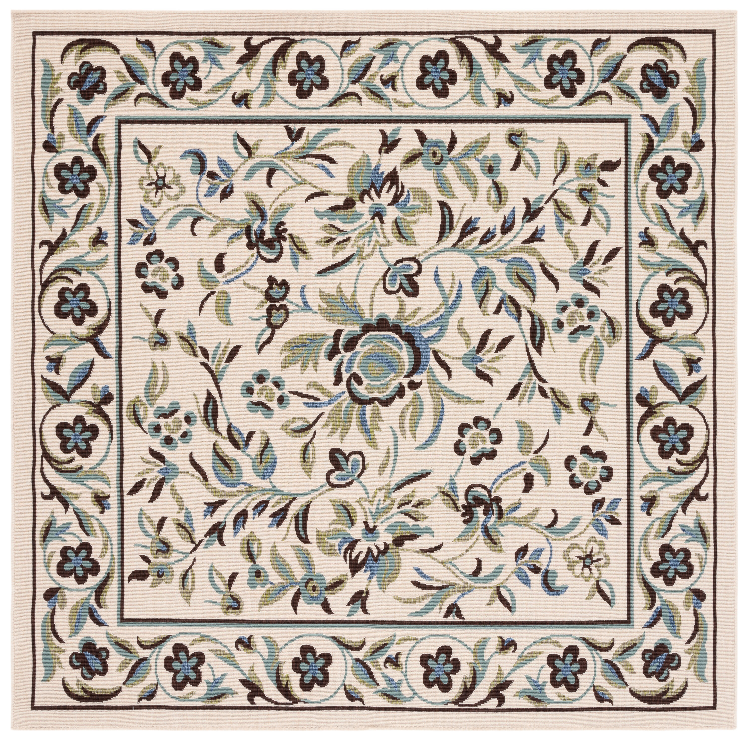 Cream and Green Floral Synthetic Square Area Rug
