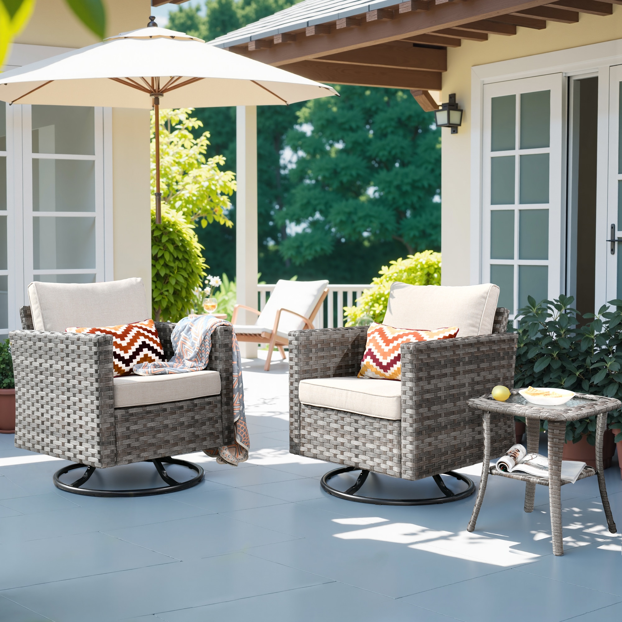 Pouuin SYZBBR6-3 3 -Piece Rattan Patio Conversation Set with Off-white Cushions