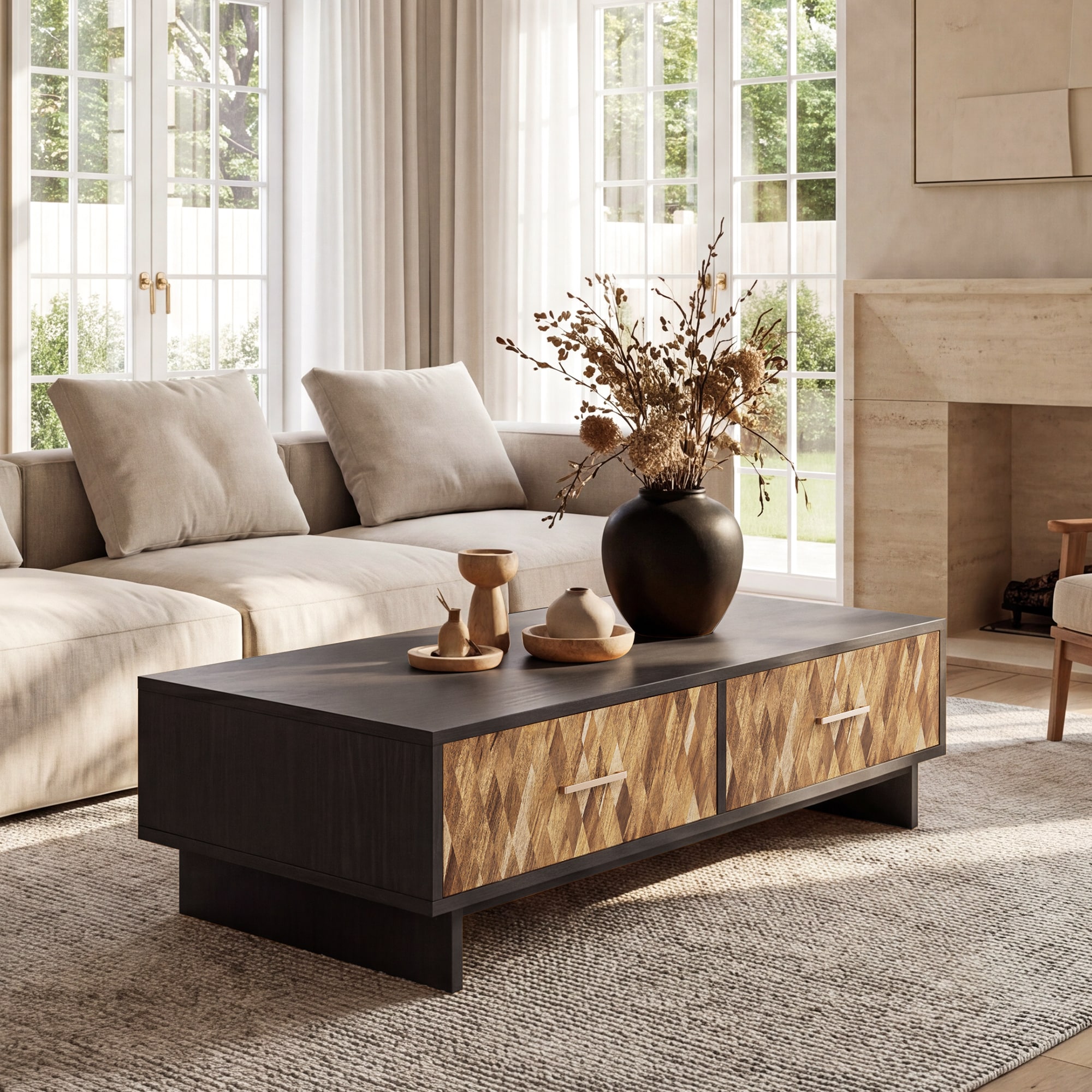 FARATI - Modern MDF Black Rubberwood 56-in W x 18-in H with Drawers Coffee Table