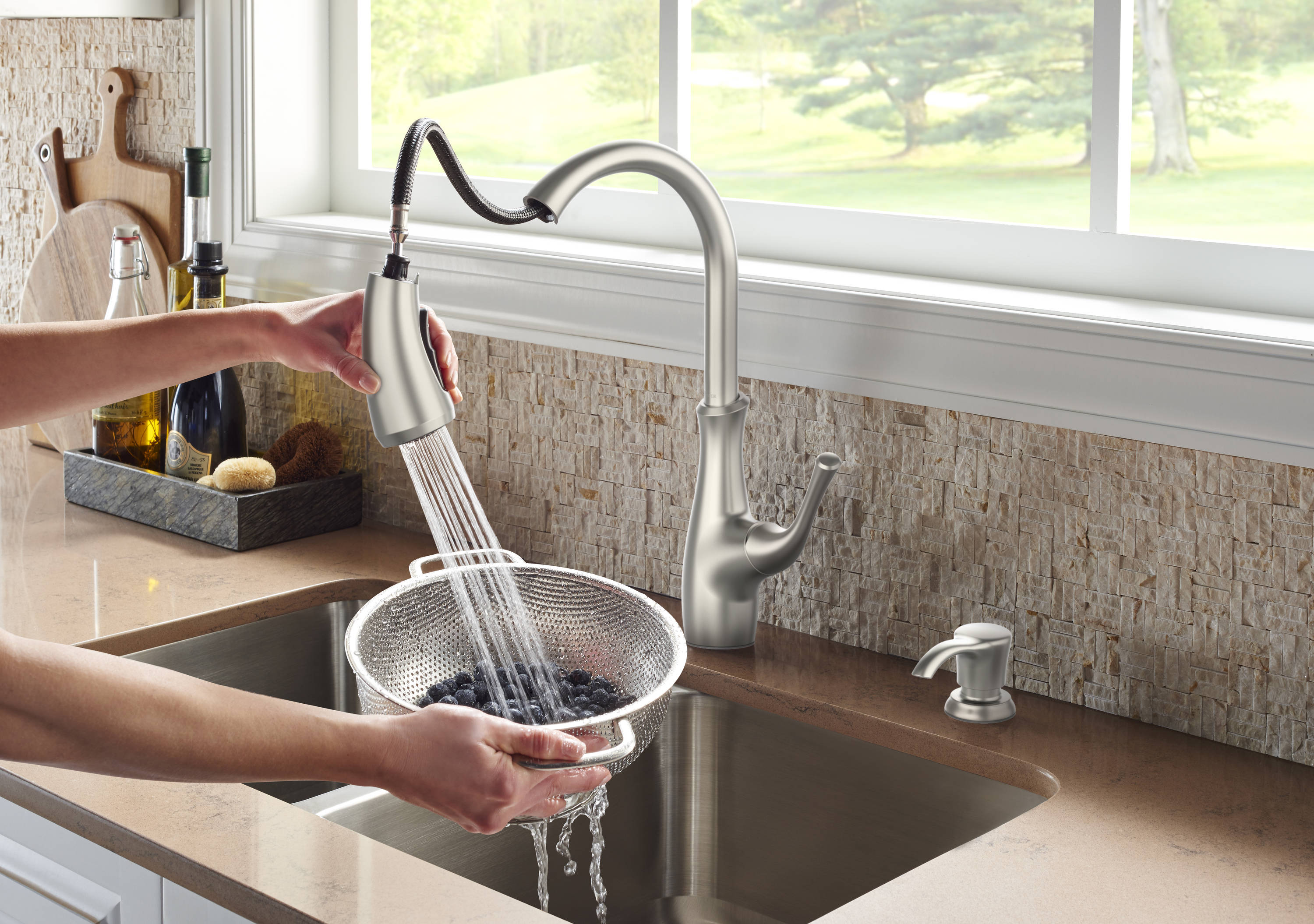 Pfister Vosa Stainless Steel Double Handle Pull-down Kitchen Faucet ...