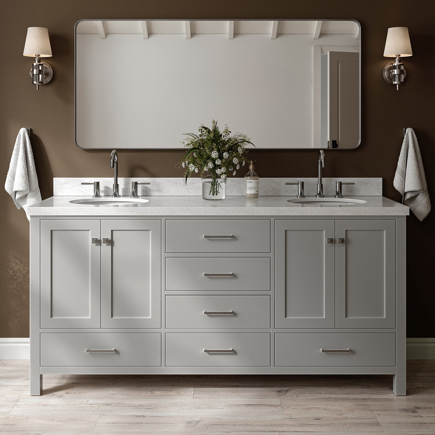 ARIEL A073D-VO-GRY Cambridge 73-in Gray Undermount Double Sink Bathroom Vanity with Carrara White Marble Natural Marble Top