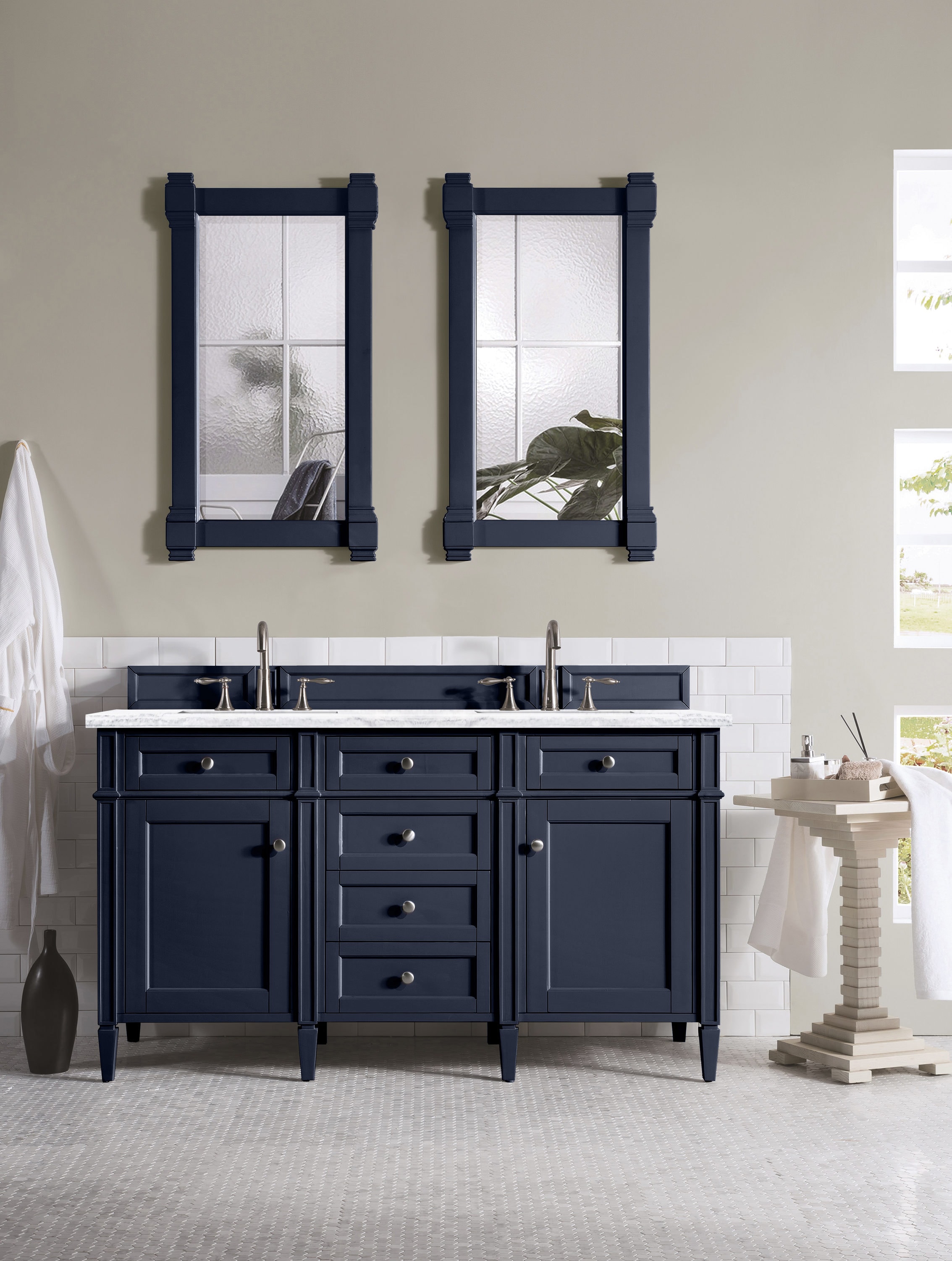 James Martin Vanities 650-V60D-VBL-3AF Brittany 60-in Victory Blue Undermount Double sink Bathroom Vanity with Arctic Fall Solid surface Top
