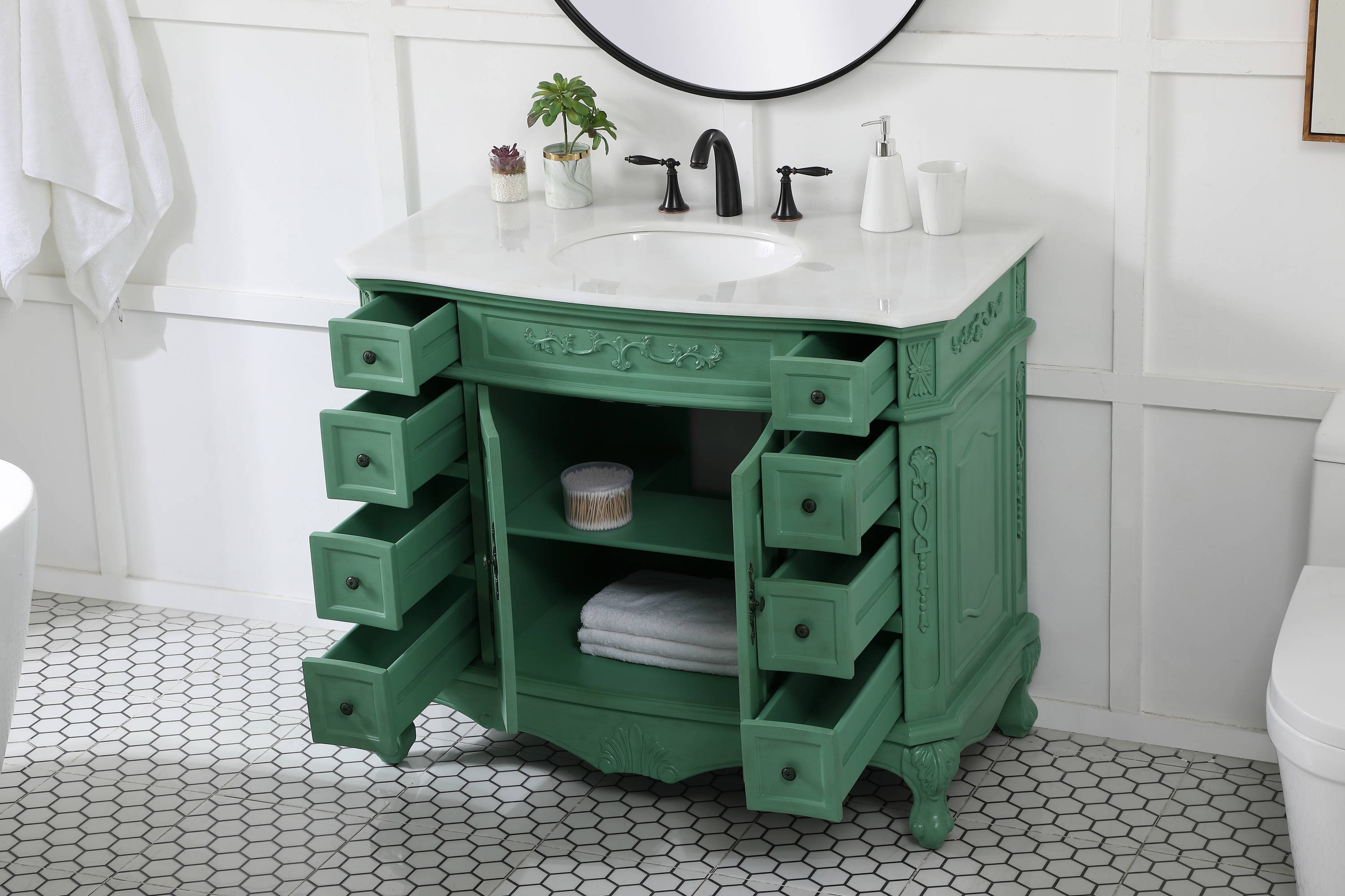 Vintage Mint Solid Wood Single Bathroom Vanity with Marble Top
