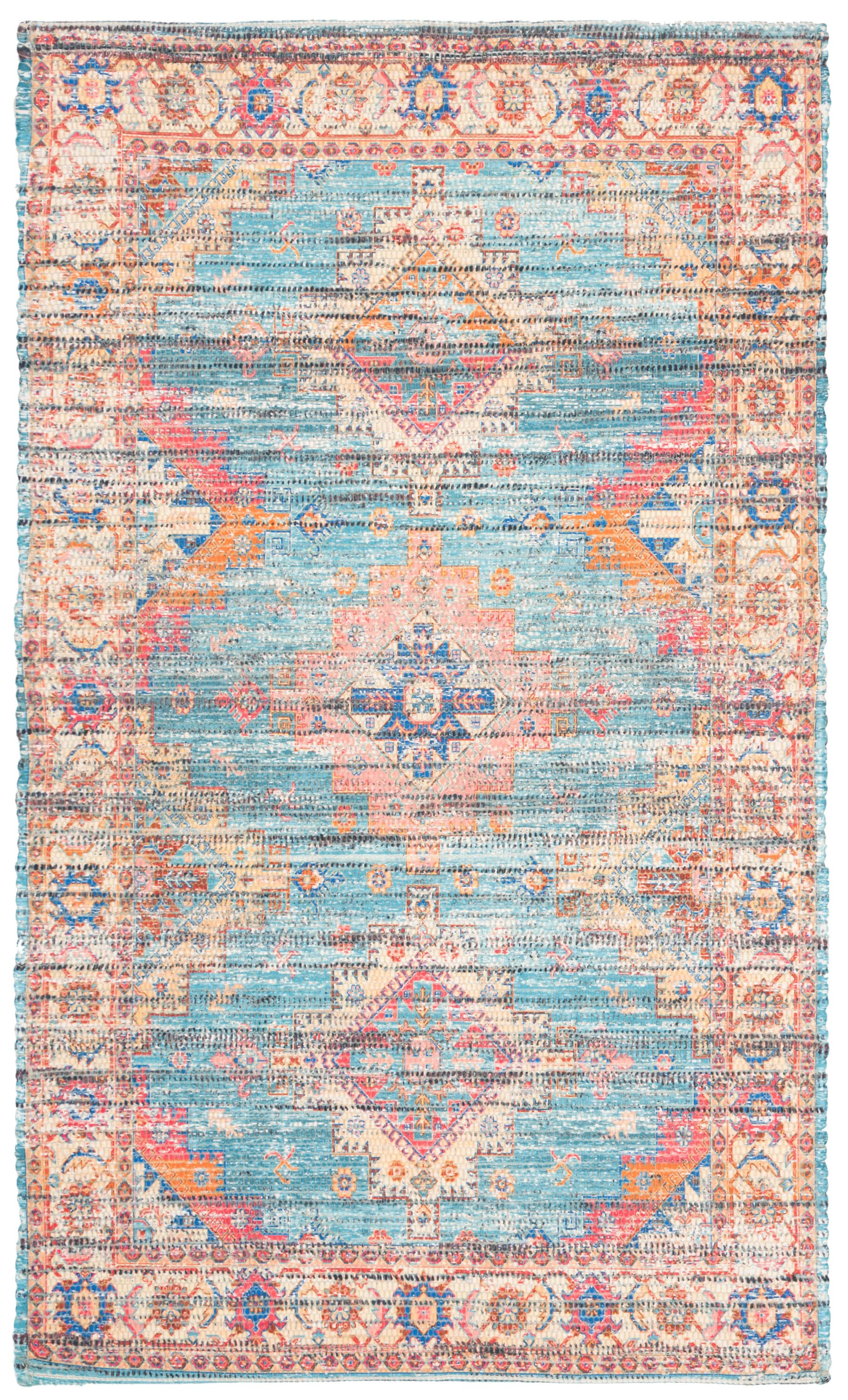 Saffron Blue and Rust Hand Loomed Cotton Area Rug