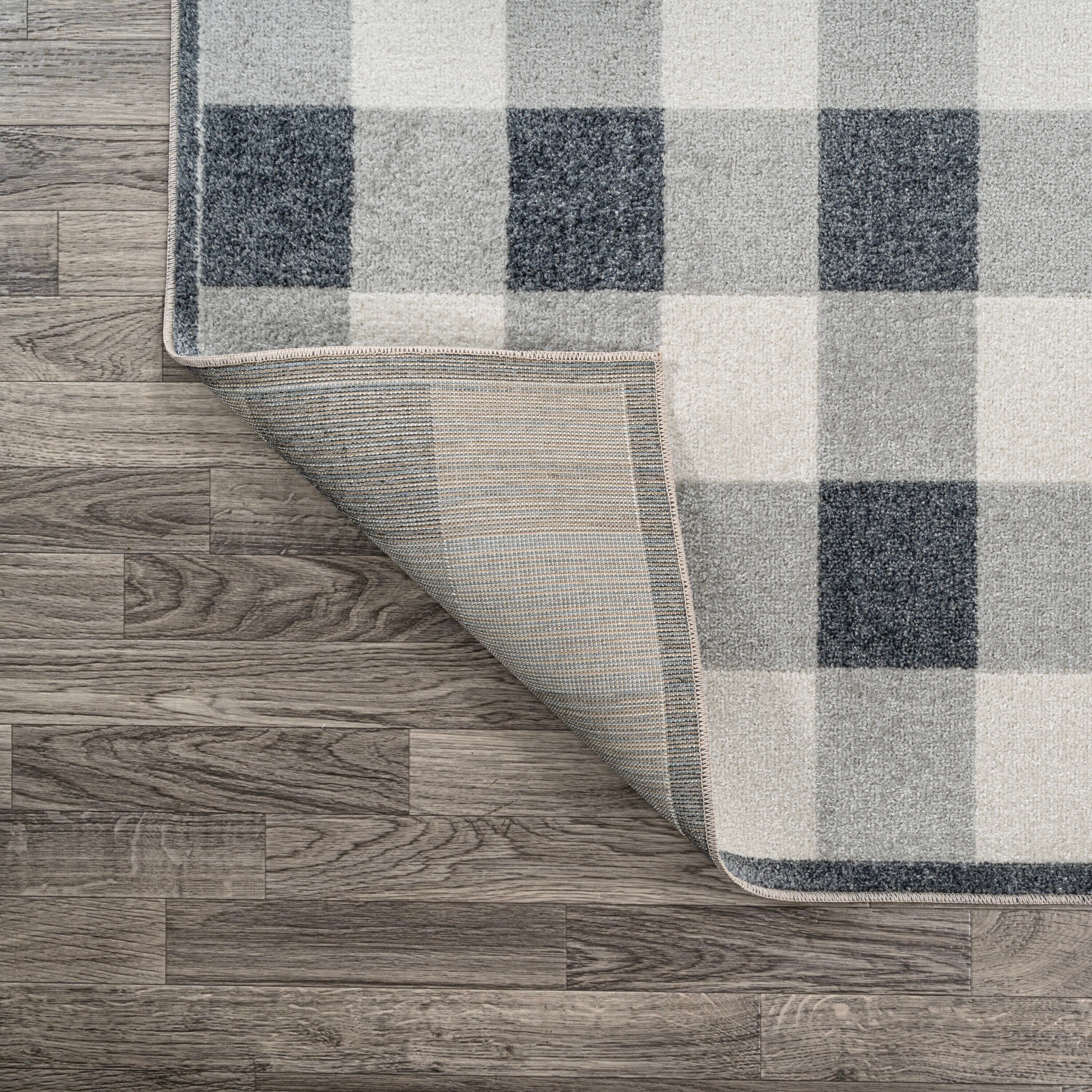 Gray Gradient Plaid Washable Synthetic Area Rug, 3 x 5