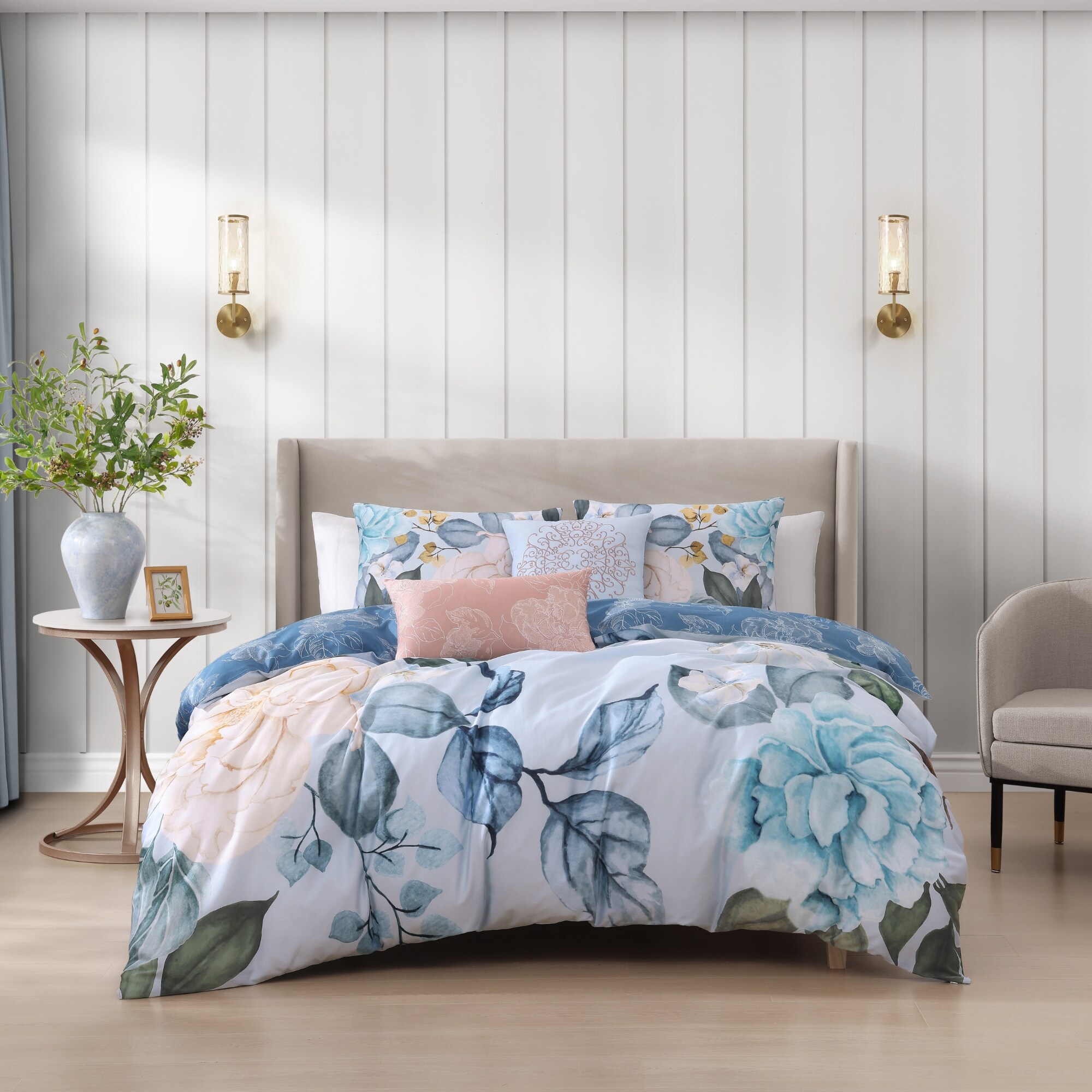 Sky Blue Floral Cotton Queen Reversible Comforter Set