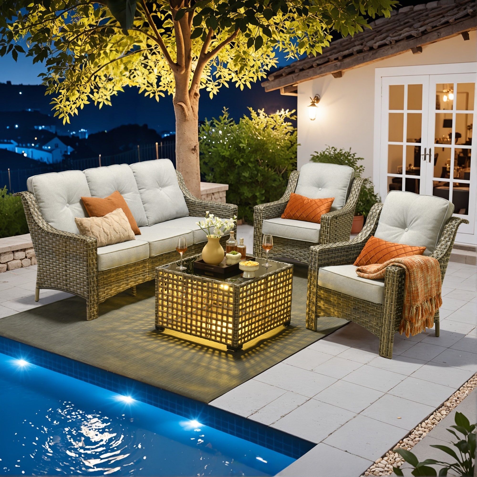 Ovios PD404 4 -Piece Rattan Patio Sofa Conversation Set with Light Gray Cushions