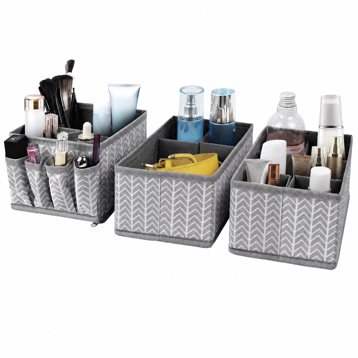 DHMHD  Adjustable Cosmetic Storage Bins Makeup Organizer Set of 3 for Desk Drawer Divider Bathroom Countertop or Dresser Grey