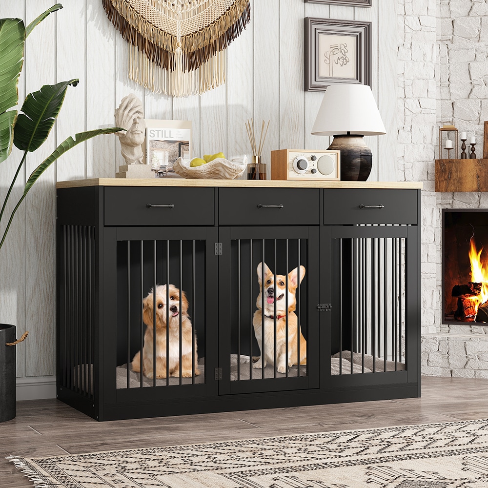 Homsee  Modern Multi Pets Indoor Dog House with Metal Frame Drawers Safety Lock and Sleek Wood Finish for Dogs 55.3''L x 23.6''W x 35.4''H Black