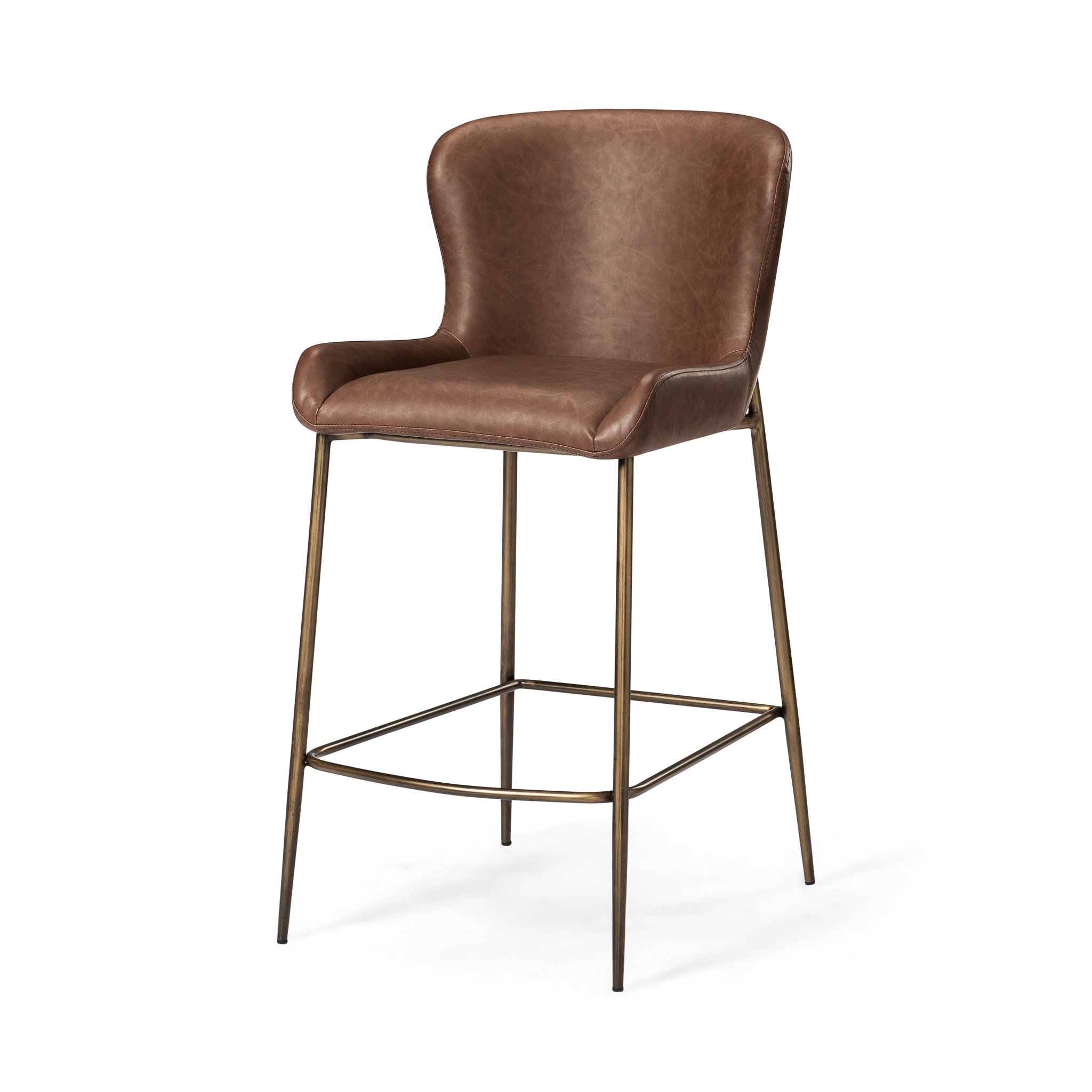 Maven Lane 27in Naomi Counter Stool In Antique Brass Finish With Cocoa Brown Vegan Leather Upholstery