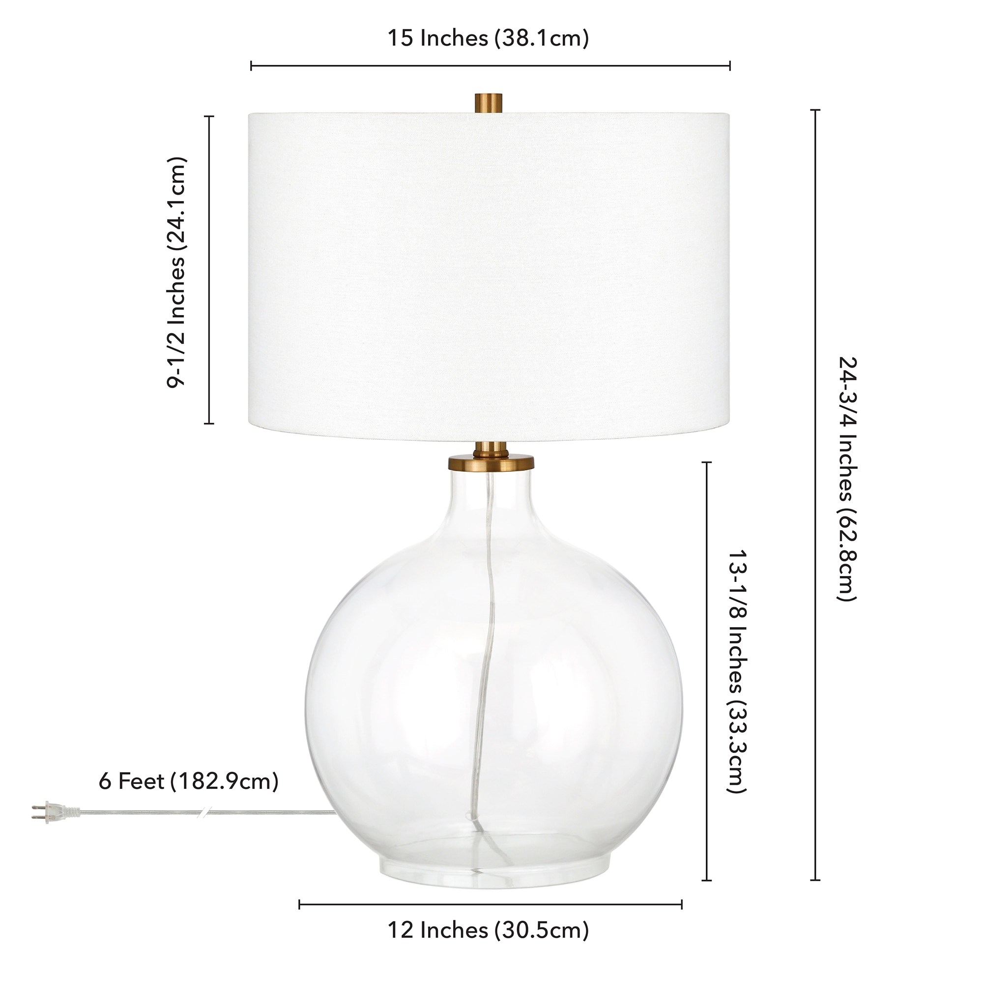 Clear Glass and Brass Nightstand Lamp with White Barrel Shade