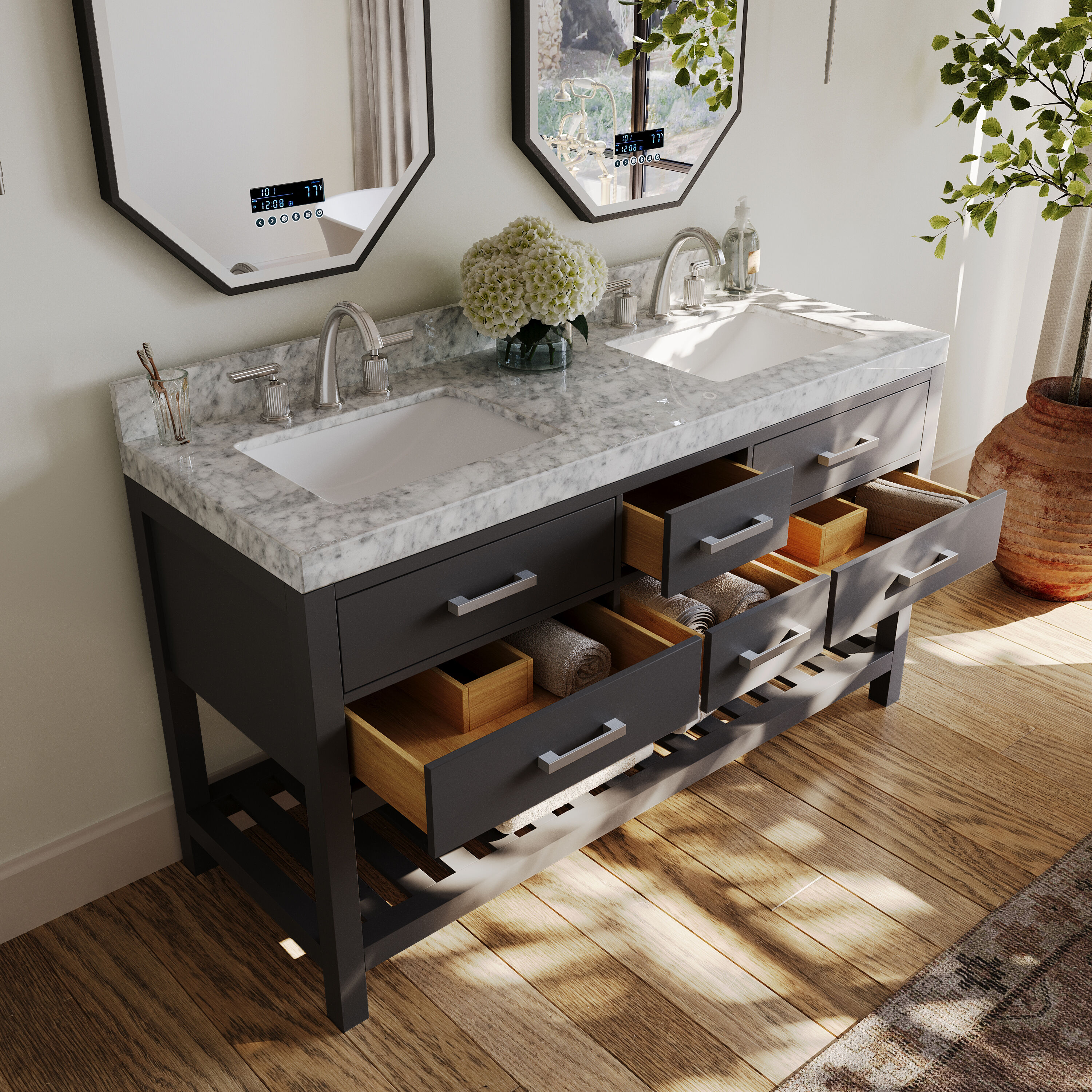 Elizabeth 60'' Sapphire Gray Double Vanity with Carrara Marble Top