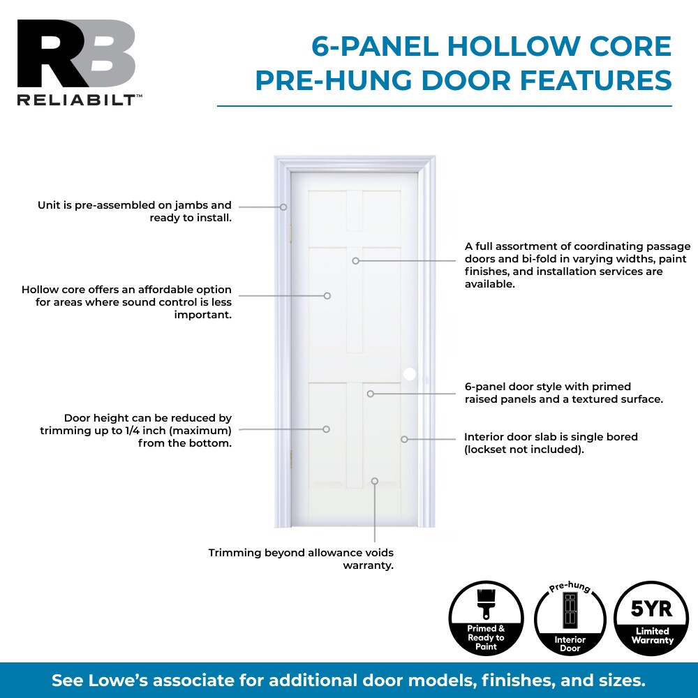 RELIABILT 28-in x 80-in Primed Hollow core 6-panel Left hand Textured Primed Molded composite Split Jamb Single Prehung Interior Door 356 Casing