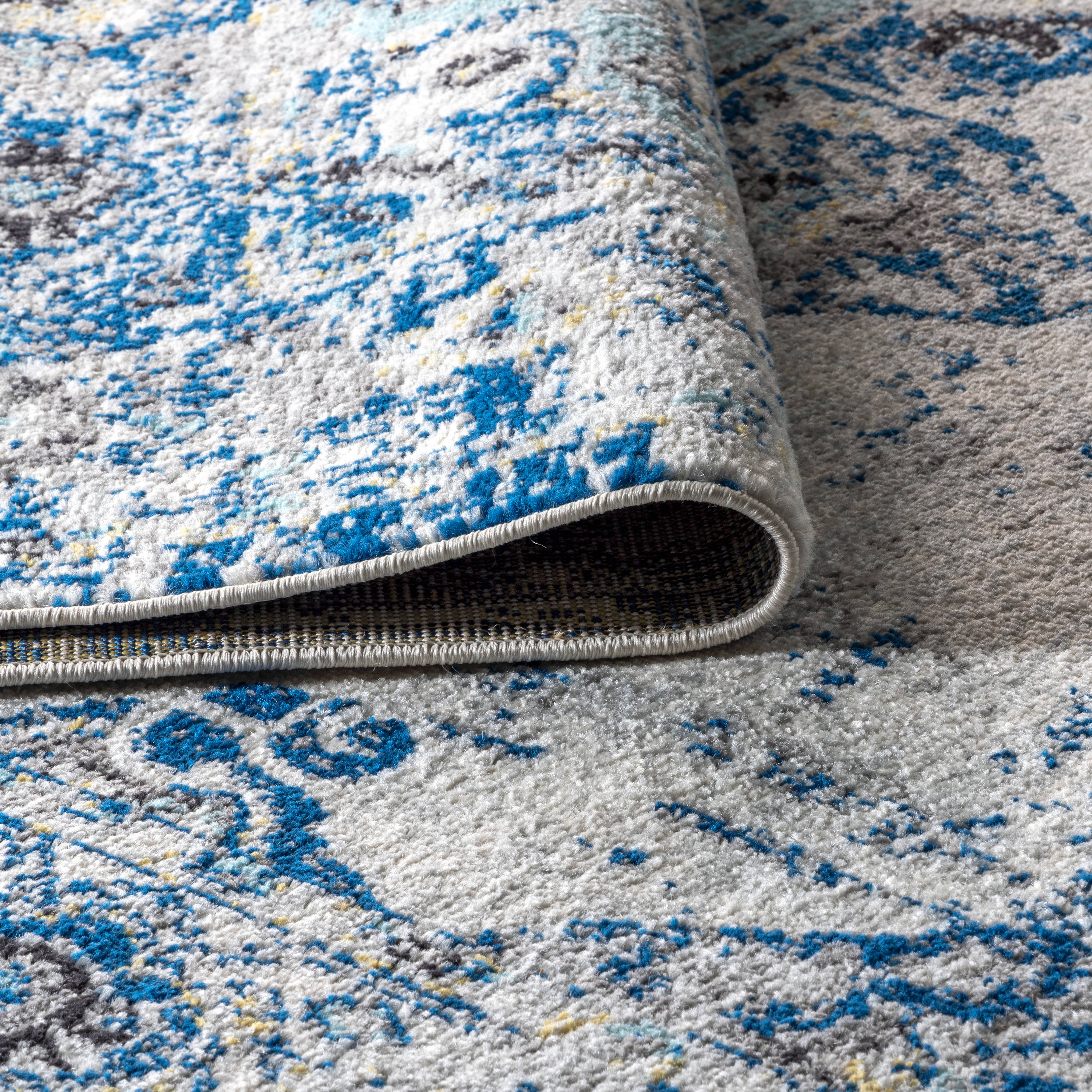 Ivory and Blue Persian Boho Vintage Medallion Area Rug