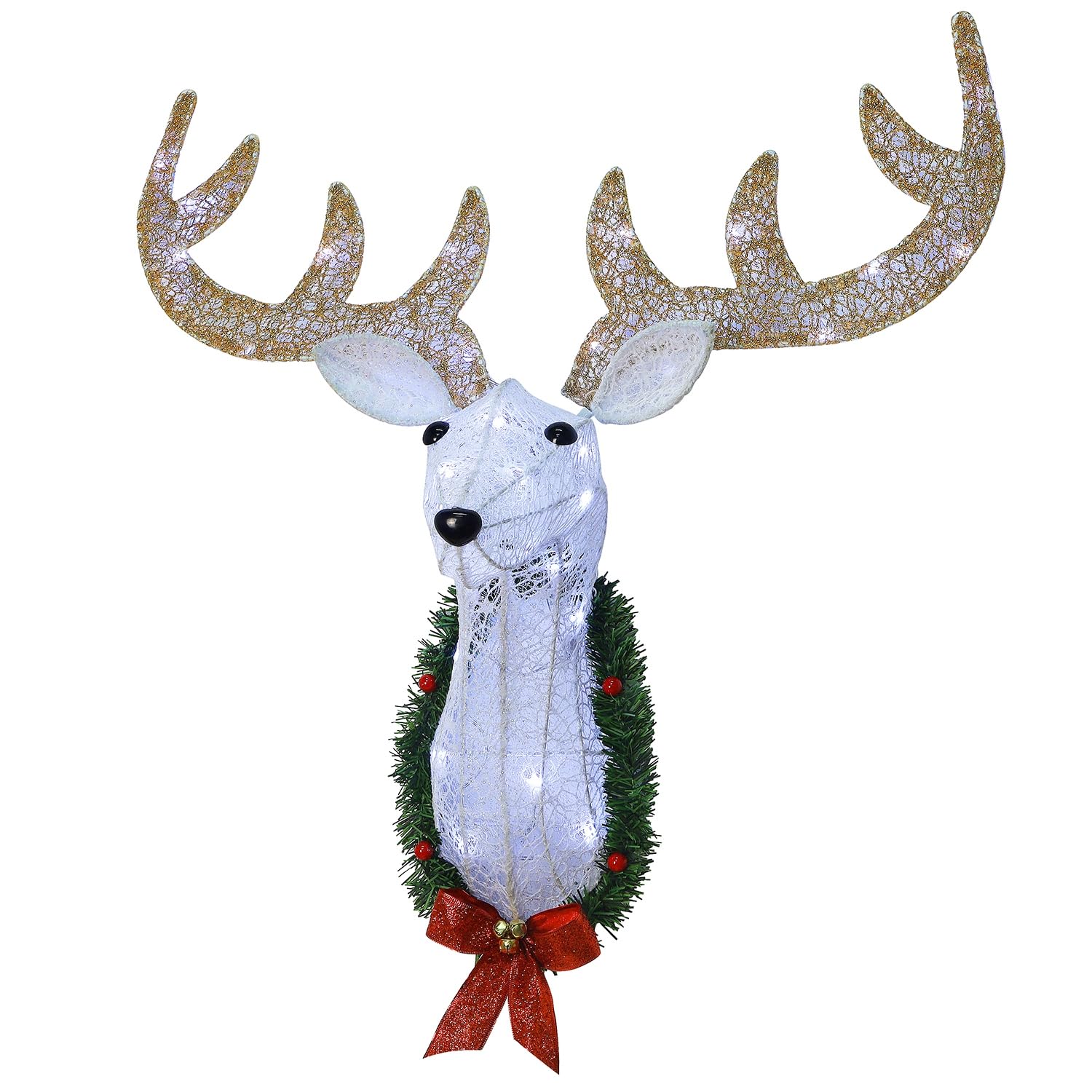 Phyfalip  Lighted Christmas Wall Decor Reindeer Head 28 in Pre Lit 3D Rudolph Hanging Wreath with 8 Lighting Modes and Timer for Indoor Outdoor