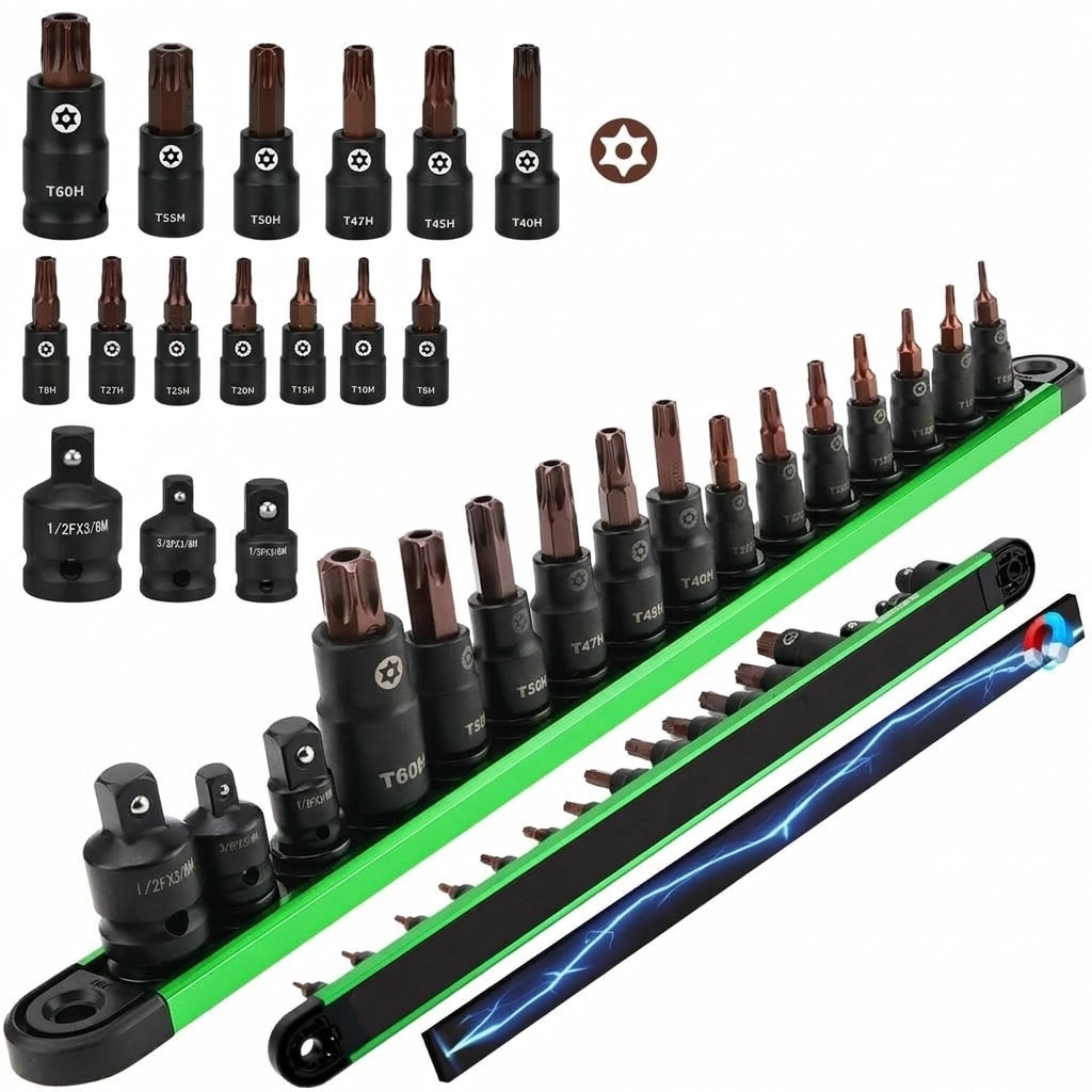 Etokfoks  1 4 in 3 8 in 1 2 in Metric Tamper Proof Torx Star Bit Socket Set 16 Piece with Magnetic Organizer for Repair