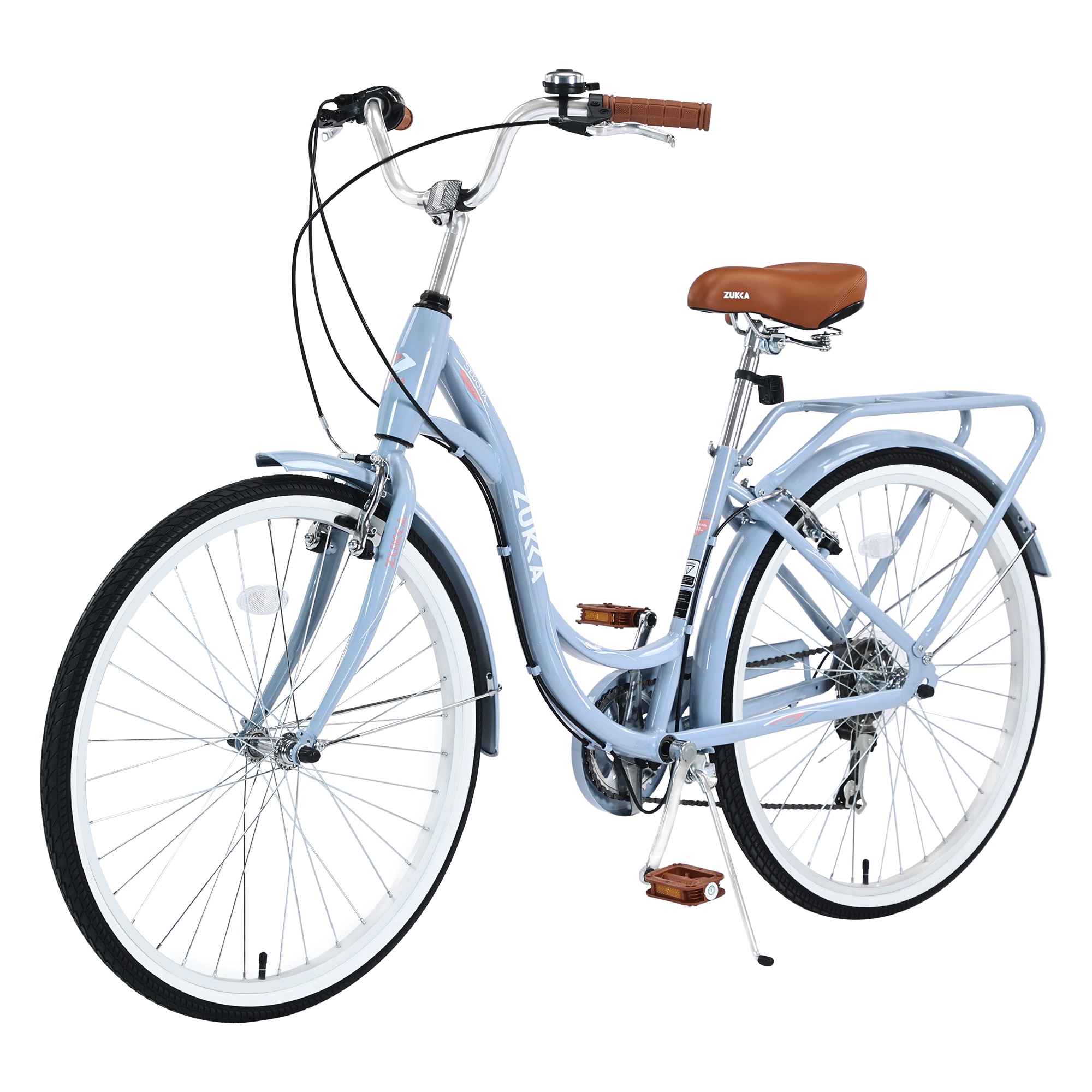 Anysun 24 Inch 7 Speed Ladies Bicycle Steel Frame Step Through Low Swooping Design Front Rear V Brakes Brown Leather Saddle Wanda 24x1.75 Tires 85 Percent Pre Assembled for Commuting Leisure