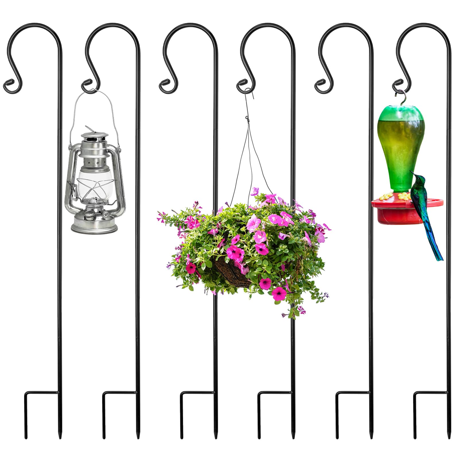 Phyfalip  6 Pack Shepherd Hooks for Outdoor 32 inch Tall 1 3 Inch Thick Metal Curled Garden Hooks for Hanging Lanterns Plant Baskets Solar Lights