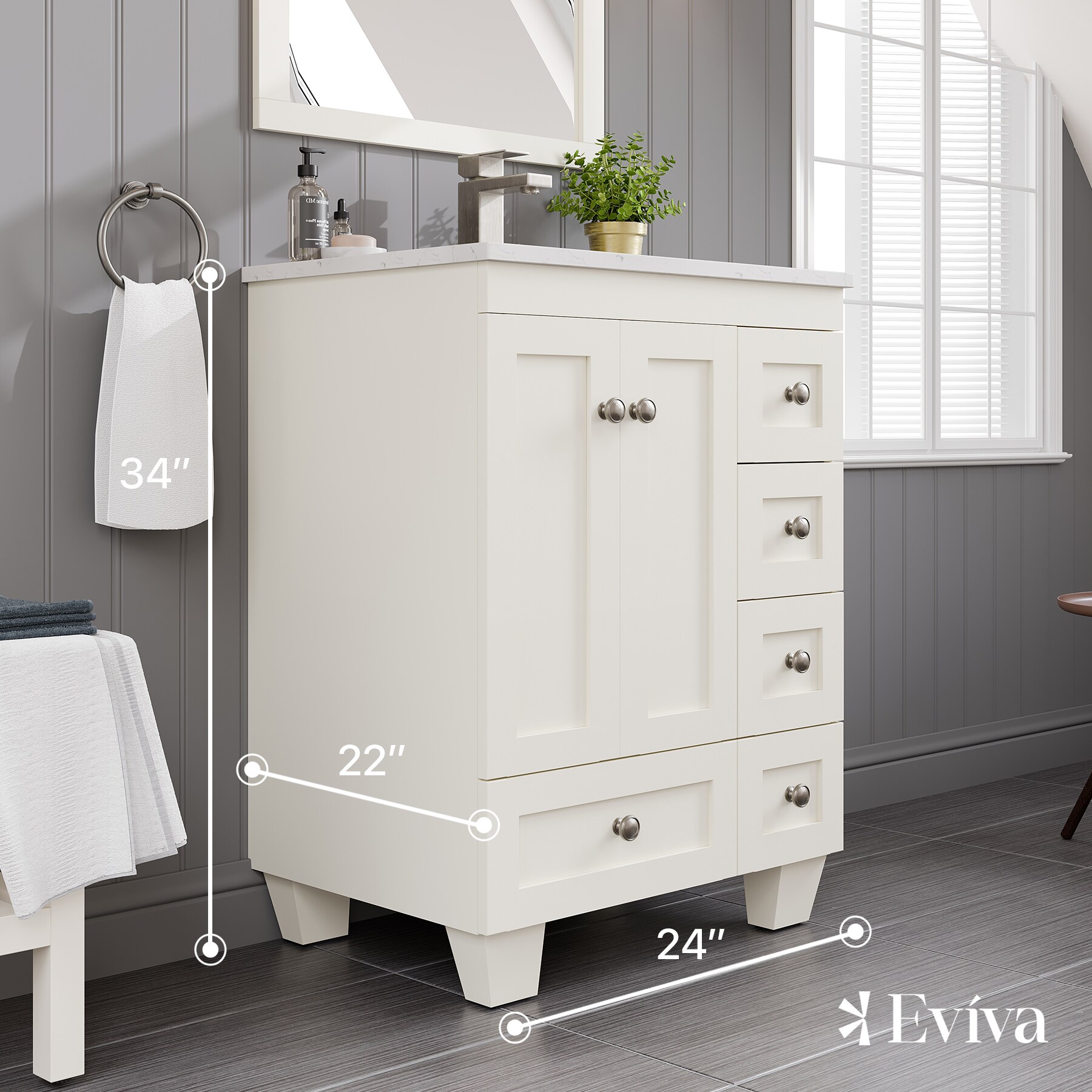White Carrara Quartz Top Freestanding Bathroom Vanity with Porcelain Sink