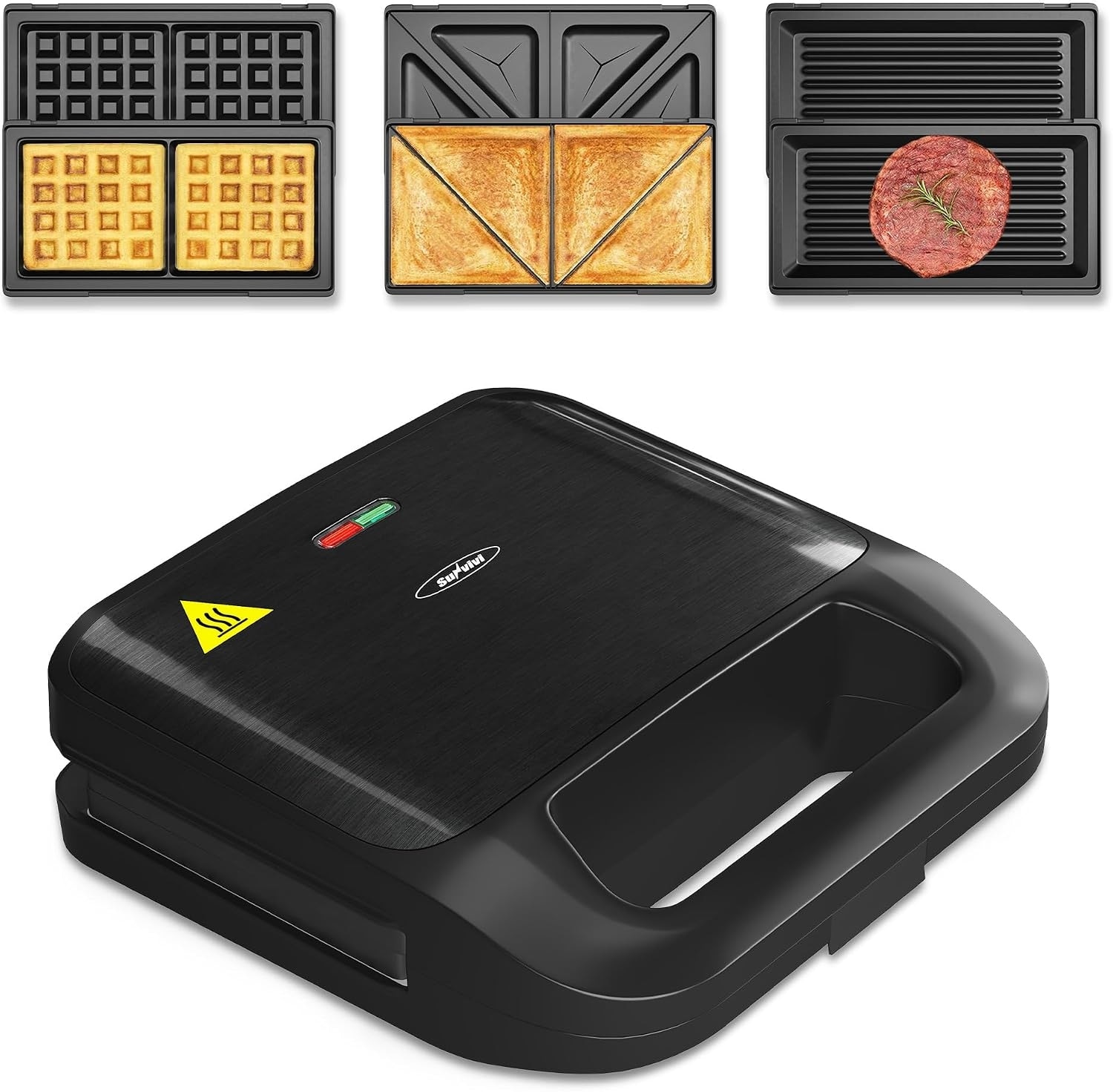 BEARSOLIM T6051P585316 3 in 1 Electric Sandwich Maker with Removable Nonstick Plates 750W Black for Belgian Waffle Panini Grill Pancake Griddle Breakfast Dishwasher Safe Cool Touch Handle Easy to Clean and Store