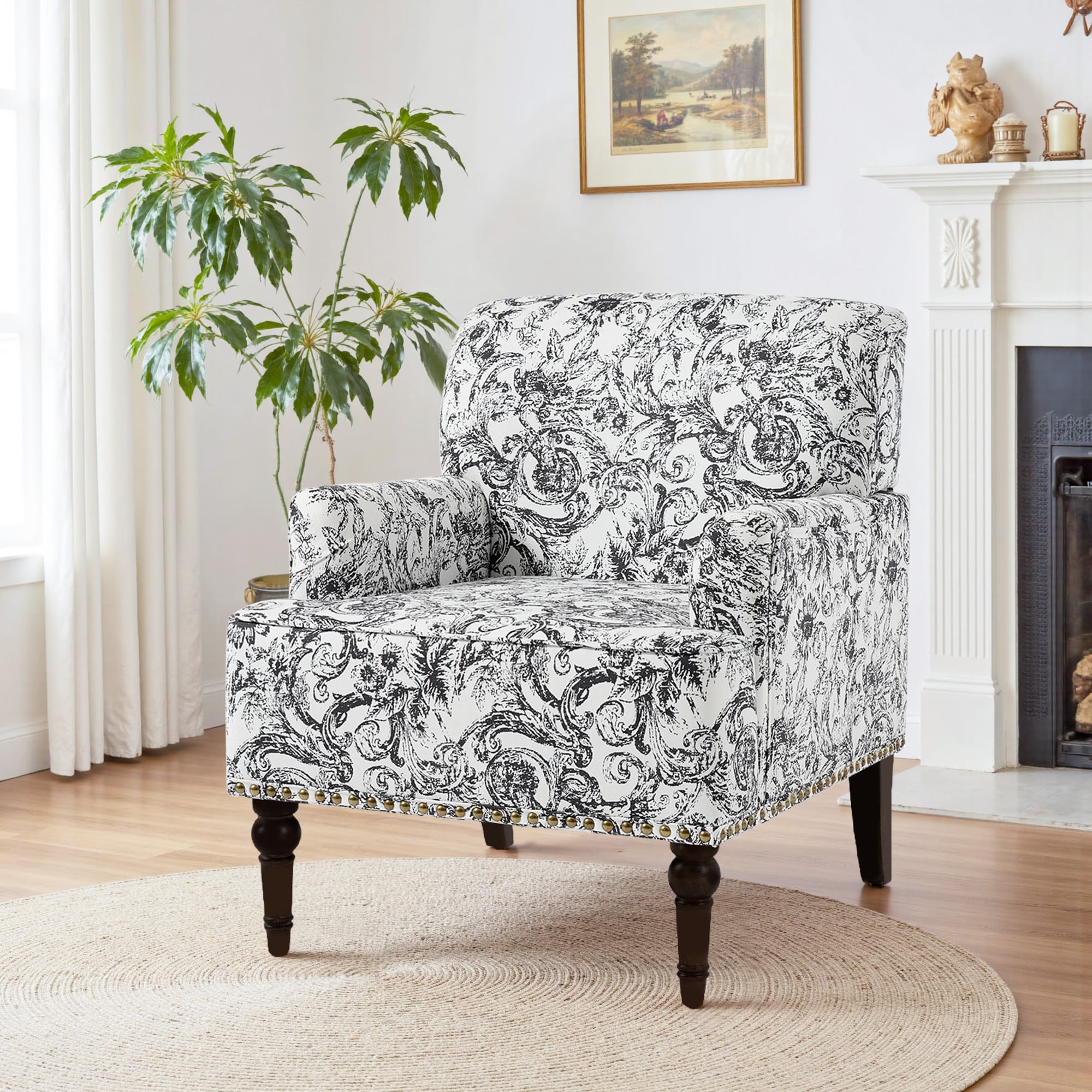 Dreamsidea - Cotton Linen Nailhead Trim Wooden Accent Armchair Chair ROCOCO BLACK