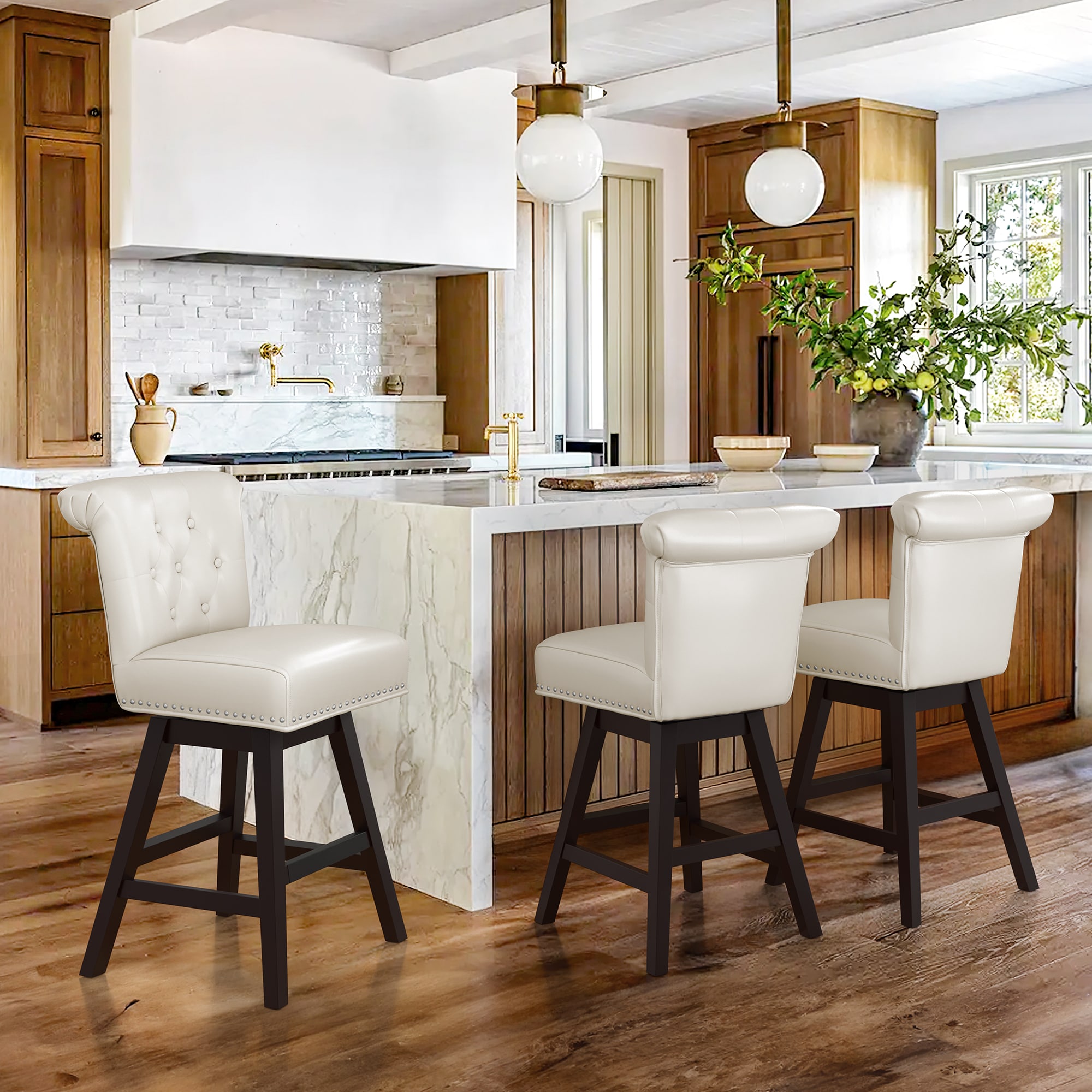 LUE BONA Ivory/Faux leather 25.8-in H Counter height Upholstered Swivel Wood Bar Stool 3 -Pack
