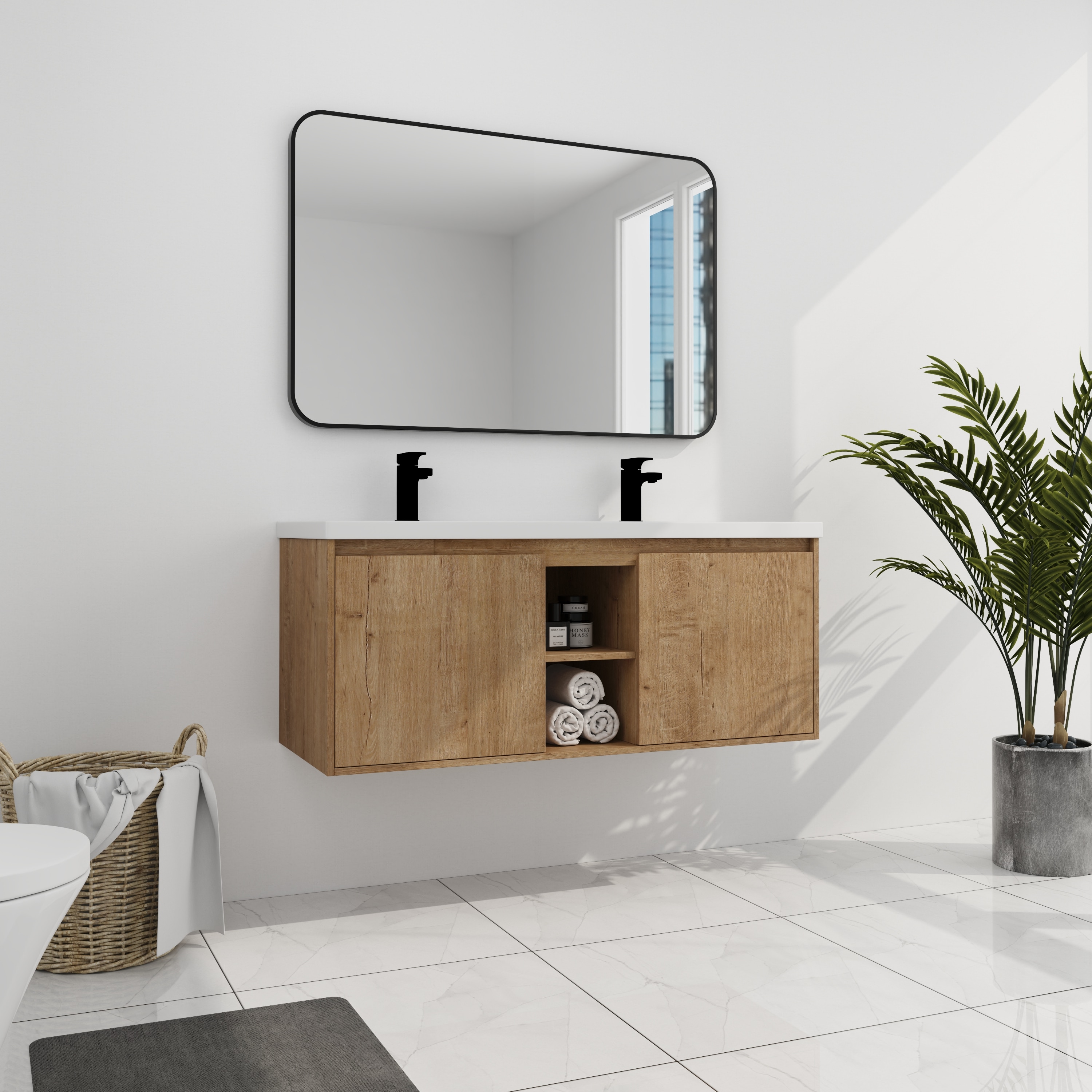 GDFStudio - Aurelian Floating Wall-Mounted 48 in. Contemporary Bathroom Vanity with Double Resin ...