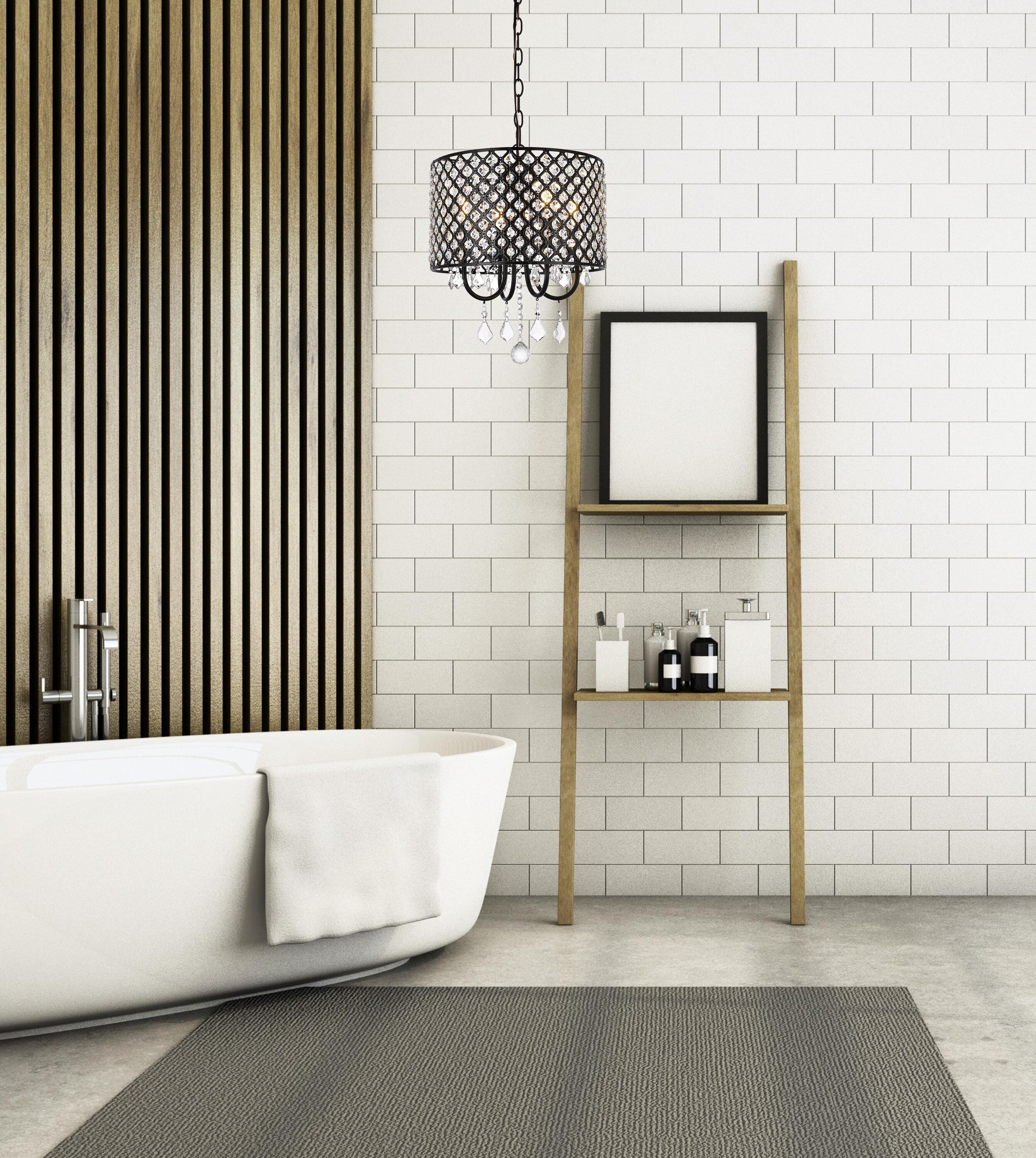 Elegant Crystal and Iron Black Drum Pendant with Lattice Shade