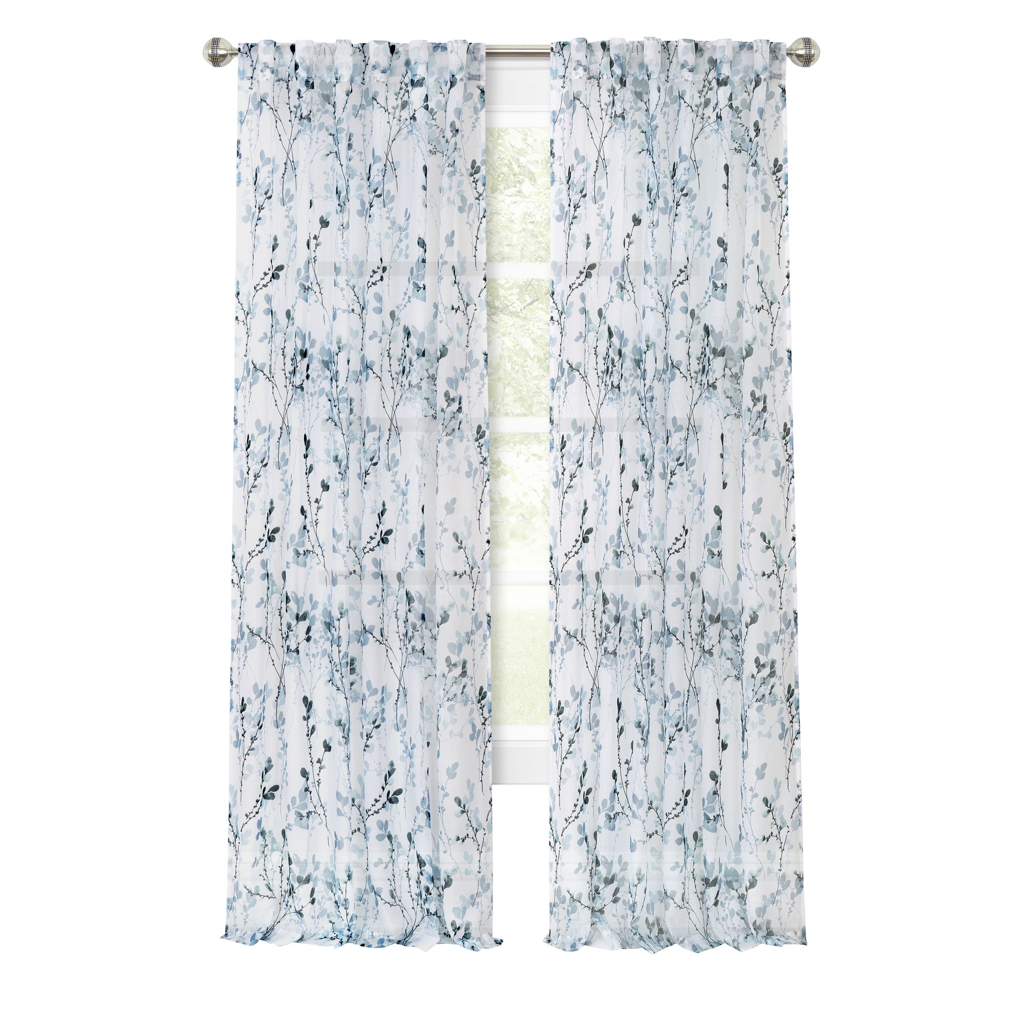KATE AURORA - 2 Piece Shabby Chic Cherry Blossom Designed Airy Sheer Rod Pocket and Back Tab Curt...