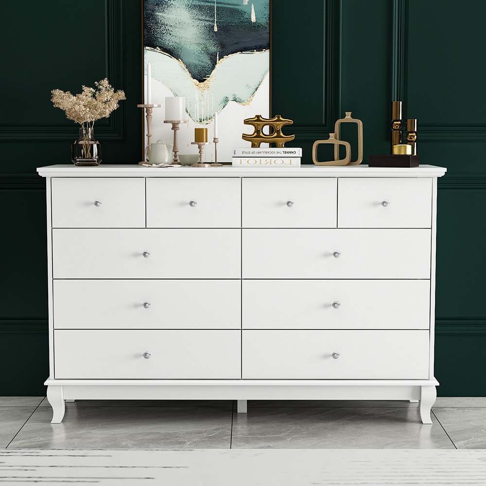 Homsee  Traditional Dresser for Bedroom with 10 Drawers Silver Round Handles Surface Painting and Solid Wood Legs Wood Storage Chest of Drawers 55.1''L x 15.7''W x 35.4''H White