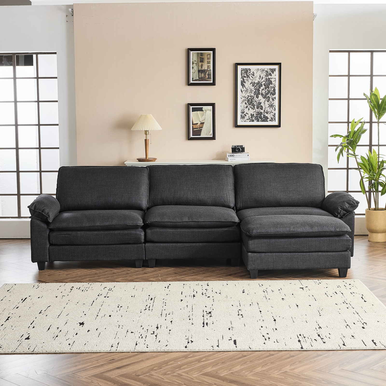 Outopee LO1G98000296+97+98 120.8-in Modern Black Sofa