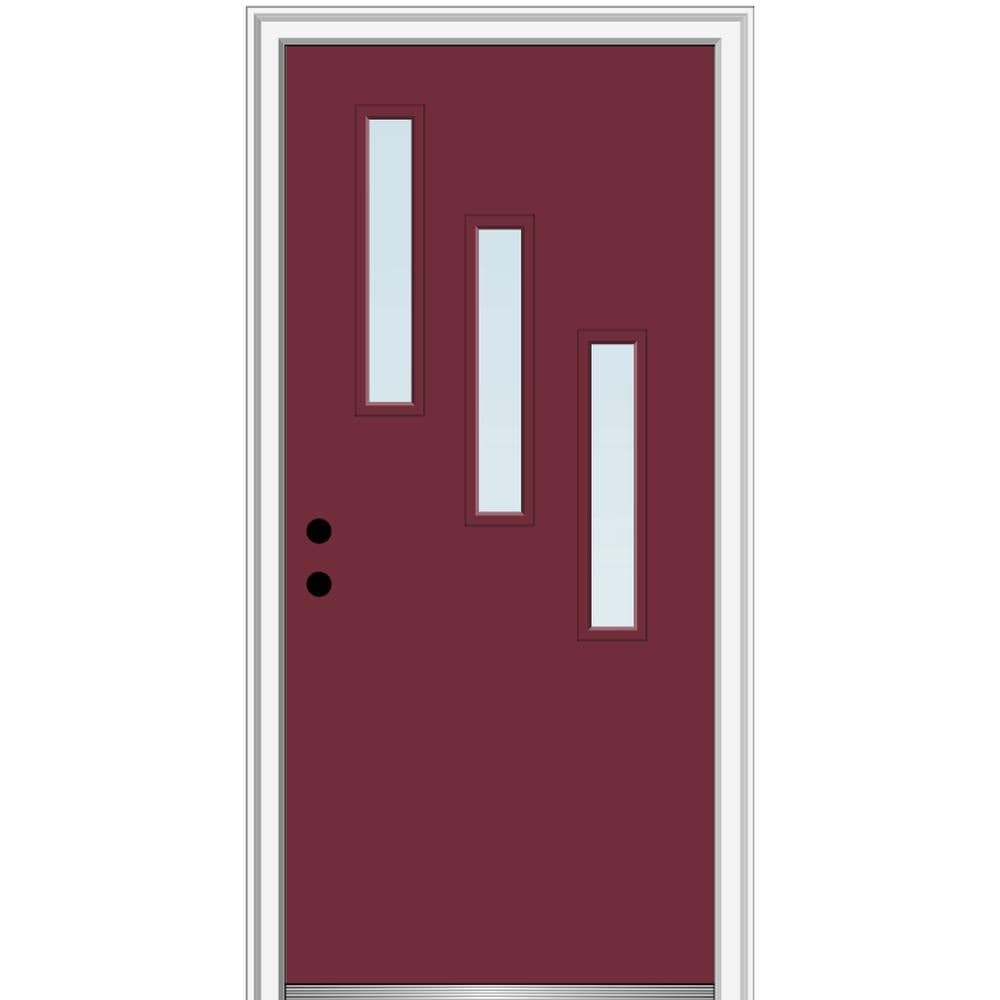 MMI DOOR ZZ349496R Spotlights 30-in x 80-in x 6-9/16-in Fiberglass Pulse lite Right-hand inswing Burgundy Painted Prehung Front Door with Brickmould Insulating core