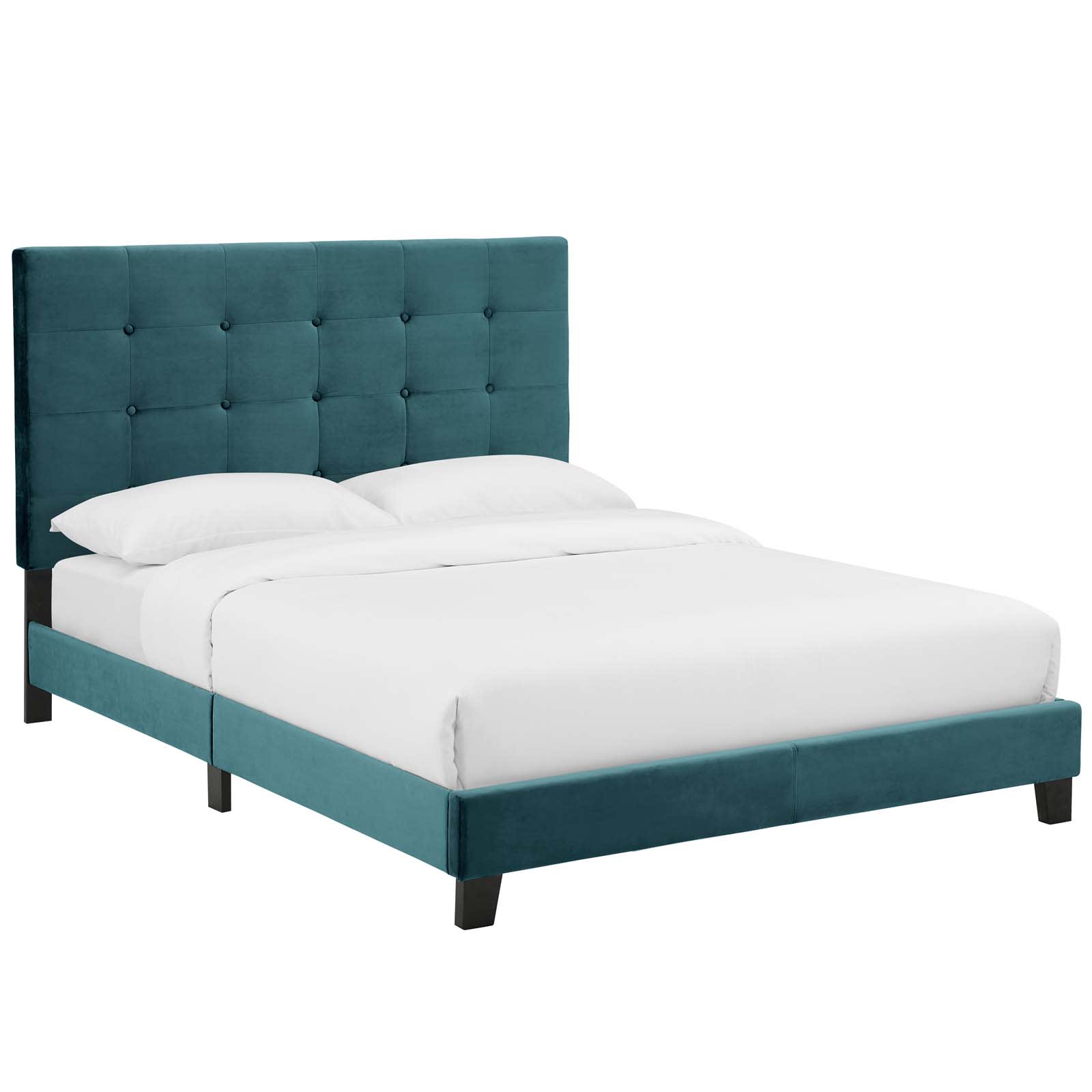  Melanie Tufted Button Upholstered Performance Velvet Queen Platform Bed in Sea Blue