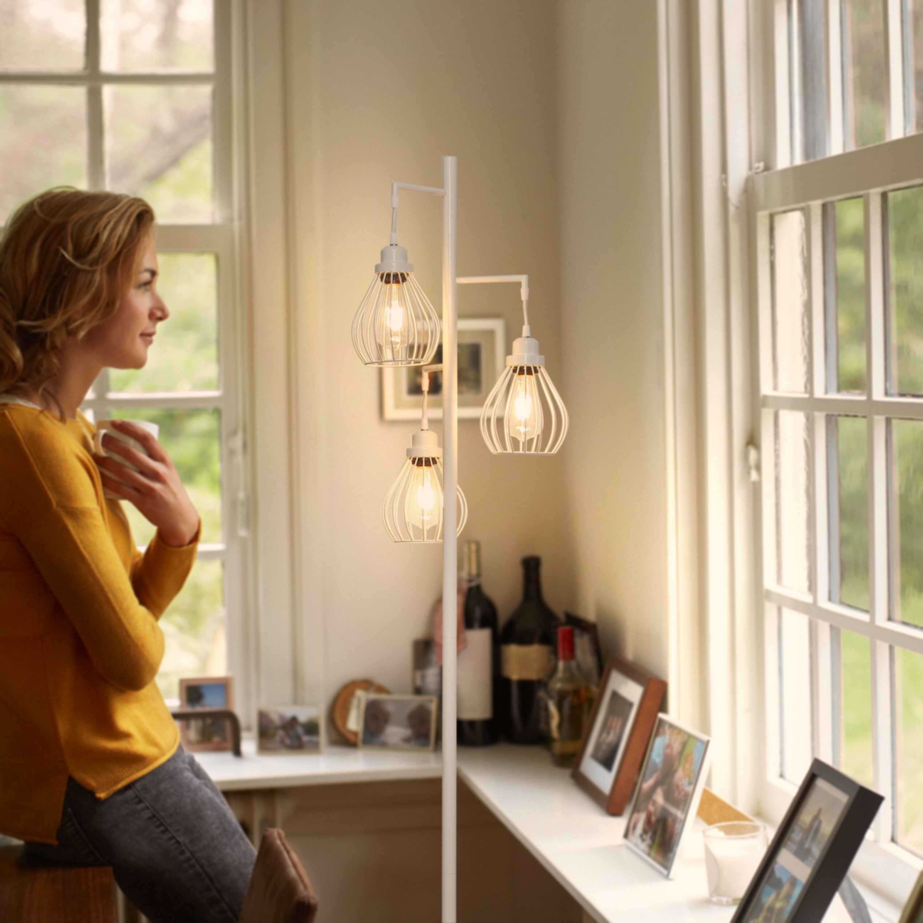 White Multi-Head Edison LED Floor Lamp with Teardrop Cages