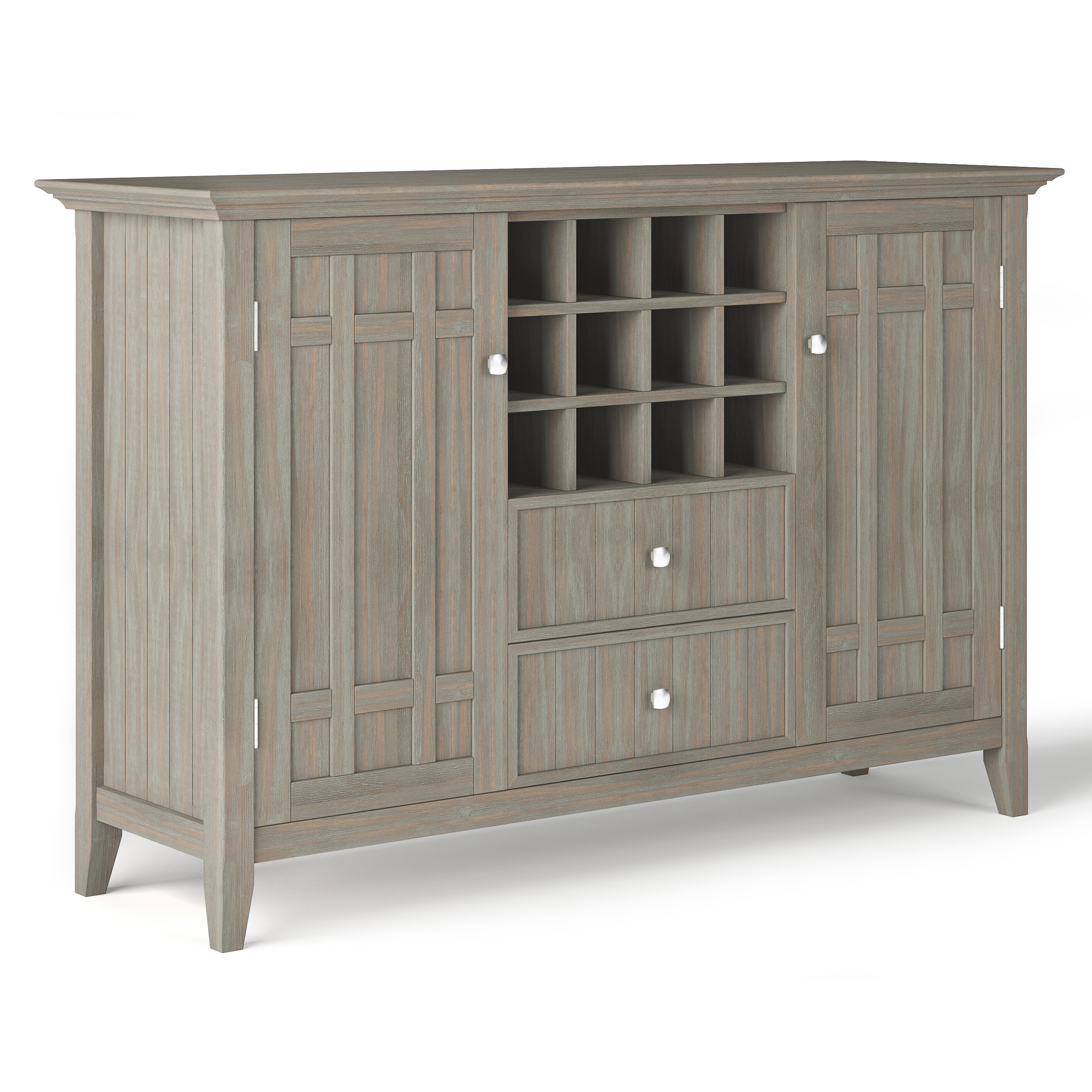 Simpli Home AXCBED-04-GR Bedford Transitional Distressed Grey Wood Pine Sideboard with Wine Storage