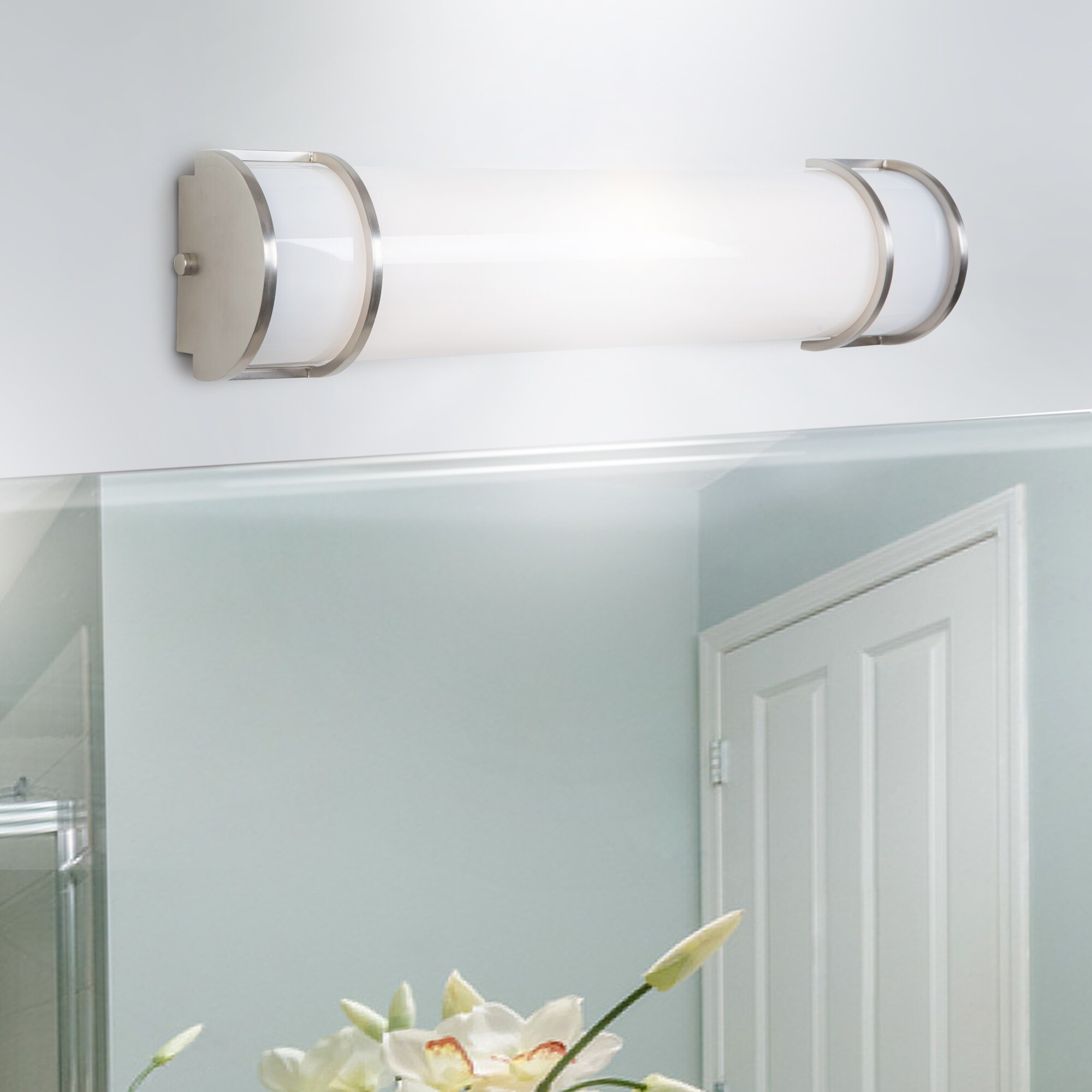 Sleek Satin Nickel 2-Light Fluorescent Vanity with White Glass Shade