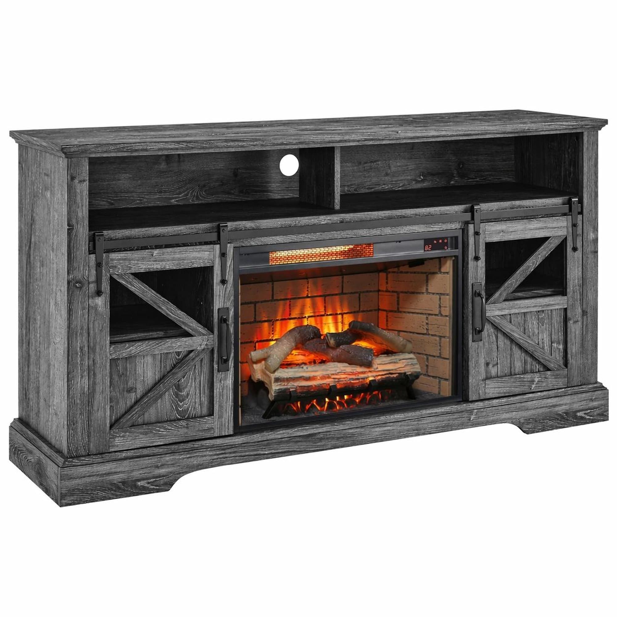 TEINIE 60-Inch Fireplace TV Stand  Electric Fireplace With Remote Door Sensor-Dark Rustic Oak