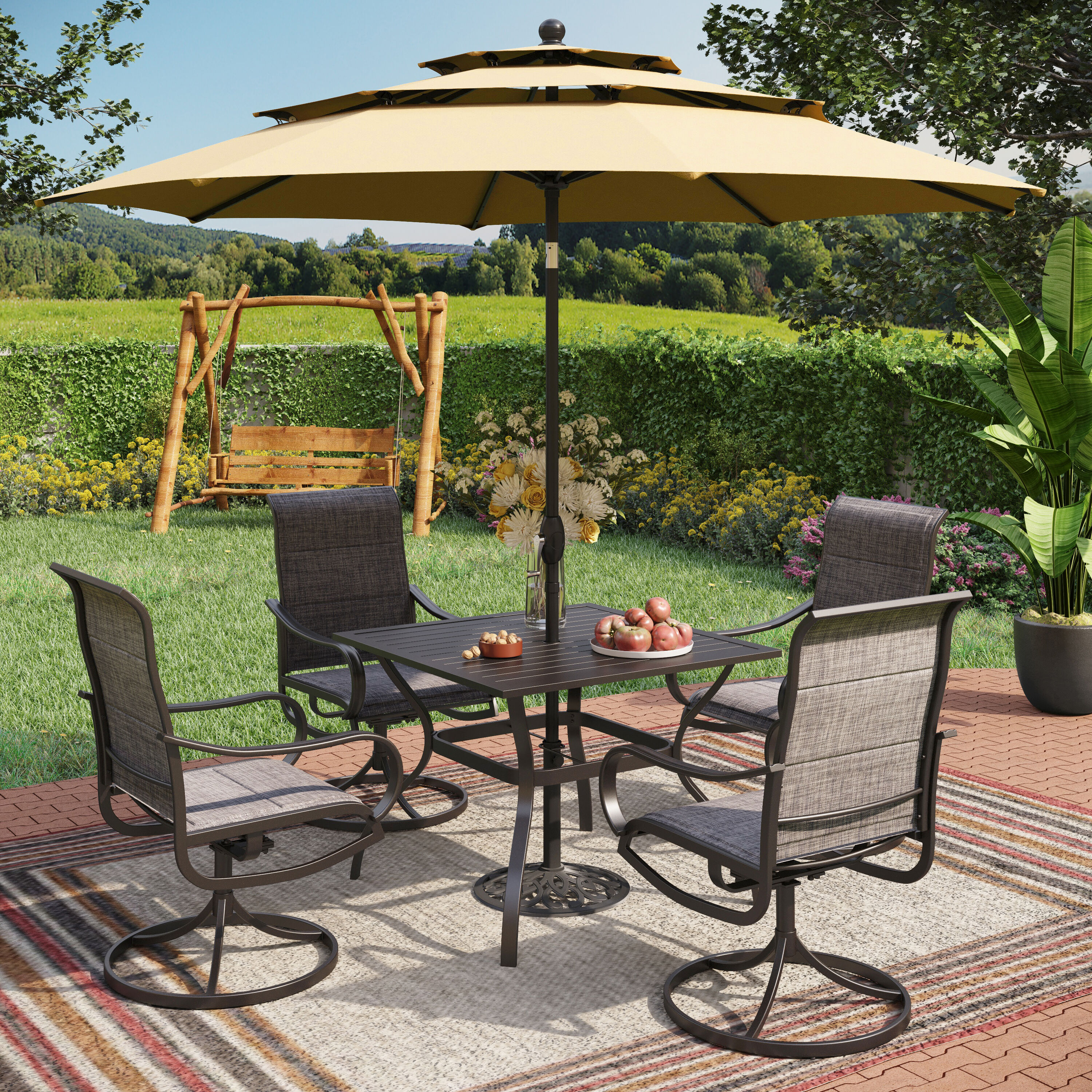 Sunshine Valley TC5-115-1-9M 6 -Piece Black Patio Dining Set Steel Square Table with 4 Gray Swivel Chairs and Umbrella Included