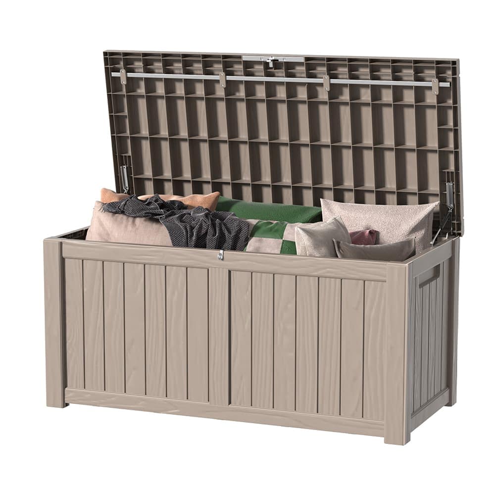 JUJABU YYXBOX-19-1 Striped Gray 120 Gallon Waterproof UV-Resistant Deck Box with Lid Support for Patio