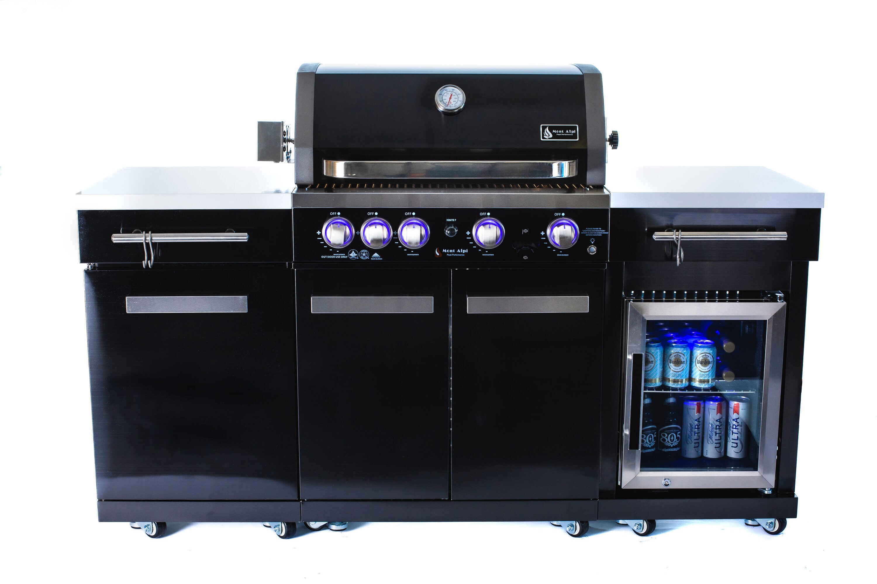 Mont Alpi Black Stainless Steel 5-Burner Outdoor Kitchen Island Grill with Rotisserie