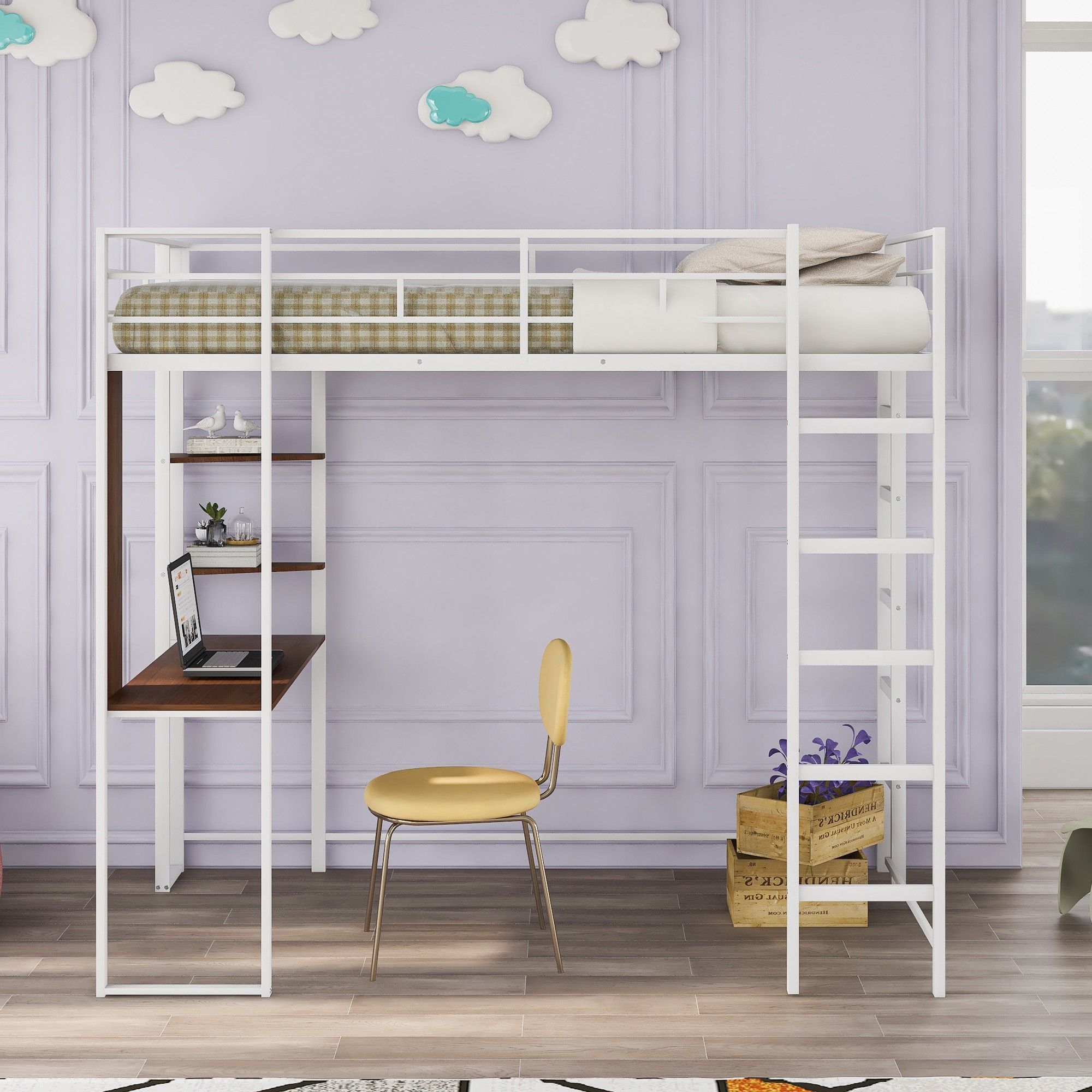 Yiekholo White Twin Study Loft Bed With Desk And Shelves, Metal Frame ...